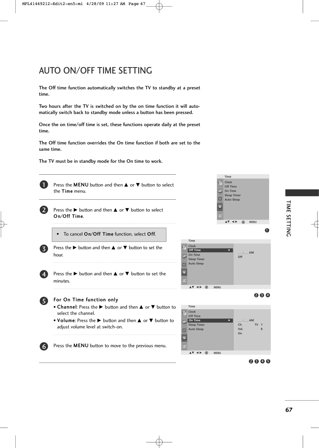 LG Electronics 2230R-MA manual Auto ON/OFF Time Setting, For On Time function only 