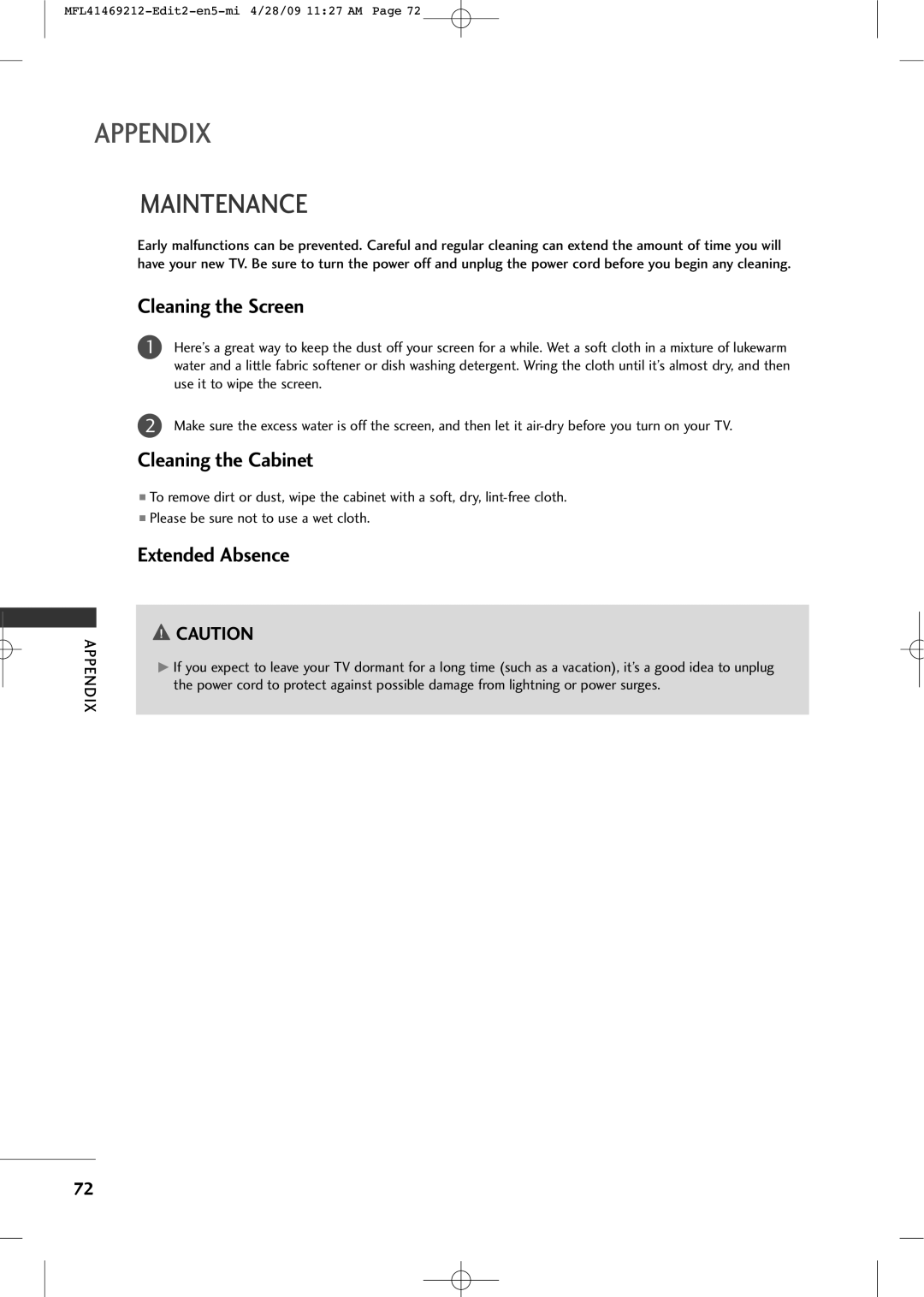 LG Electronics 2230R-MA manual Maintenance, Cleaning the Screen, Cleaning the Cabinet, Extended Absence 