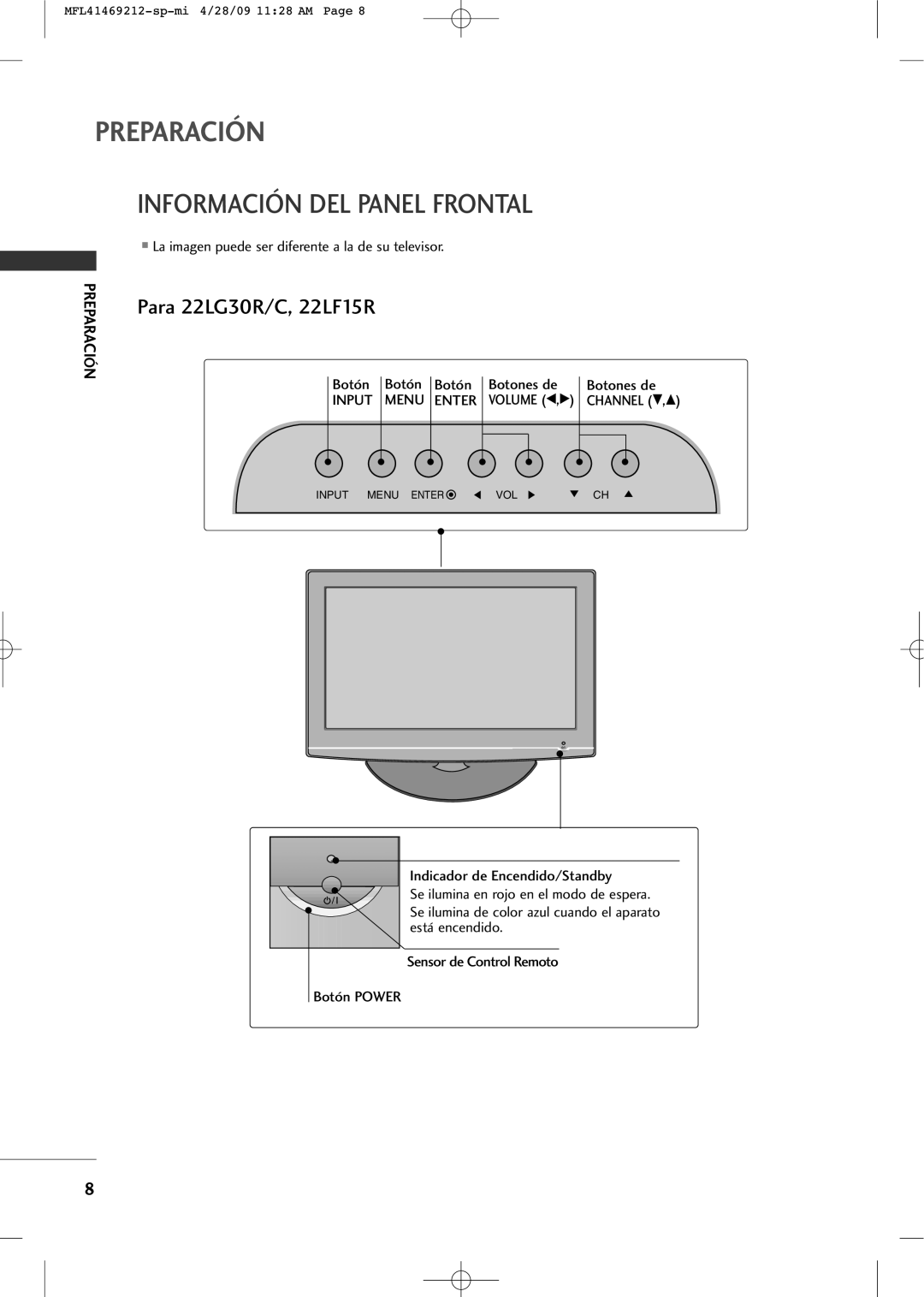 LG Electronics 2230R-MA manual Información DEL Panel Frontal, La imagen puede ser diferente a la de su televisor 