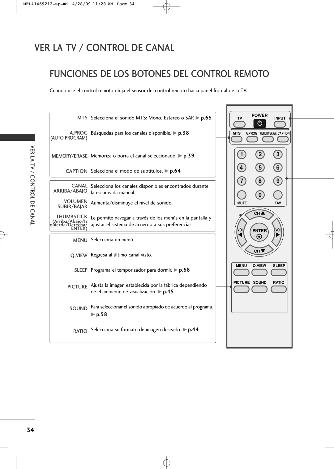 LG Electronics 2230R-MA manual Ver La Tv / Control De Canal, Funciones De Los Botones Del Control Remoto, 1 2 4 5 7 8 