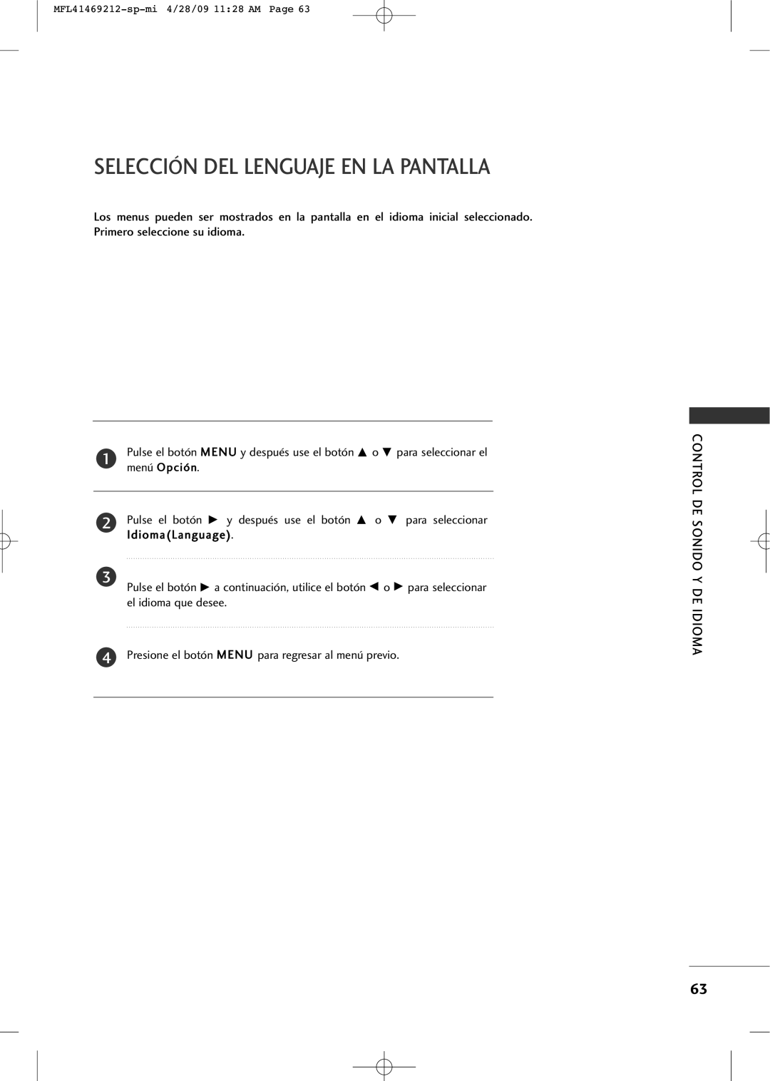 LG Electronics 2230R-MA manual Selección Del Lenguaje En La Pantalla, Control De Sonido Y De Idioma 