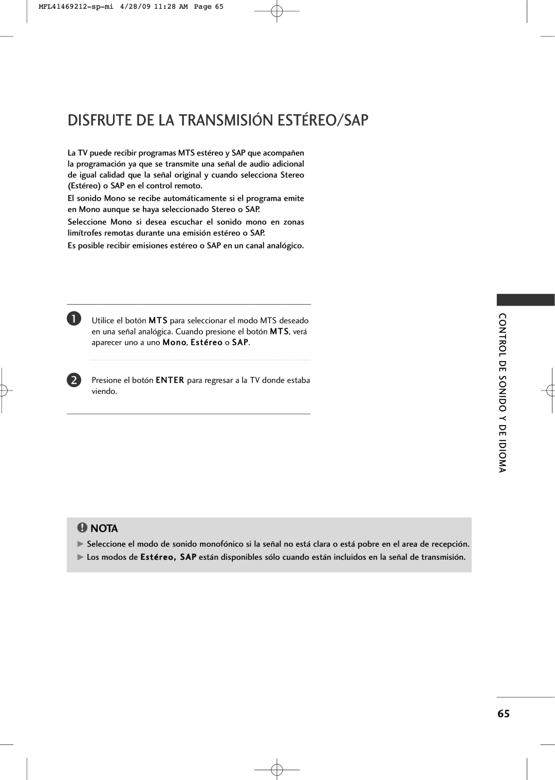 LG Electronics 2230R-MA manual Disfrute De La Transmisión Estéreo/Sap, Nota 