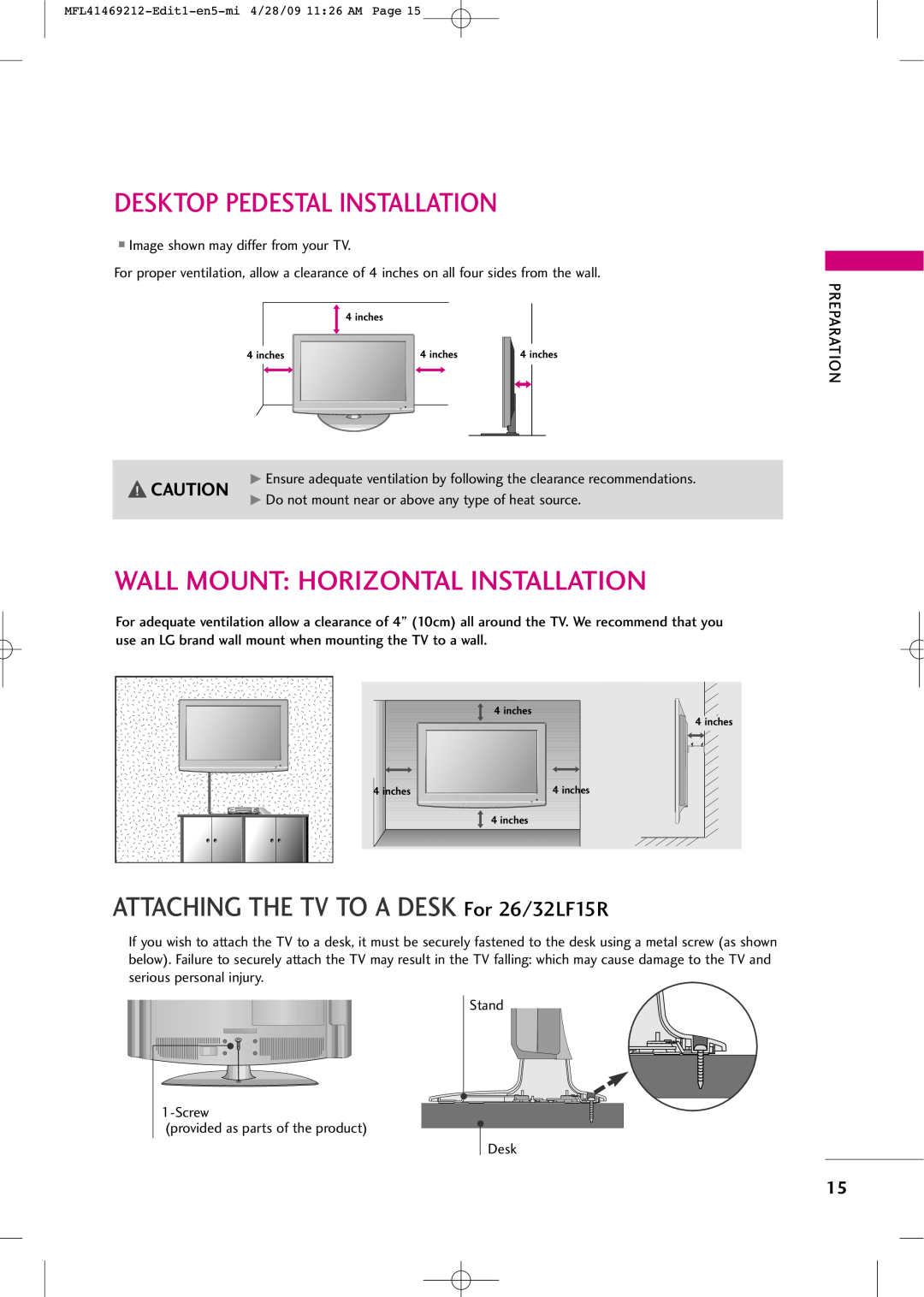 LG Electronics 2230R-MA manual Desktop Pedestal Installation, Wall Mount Horizontal Installation 