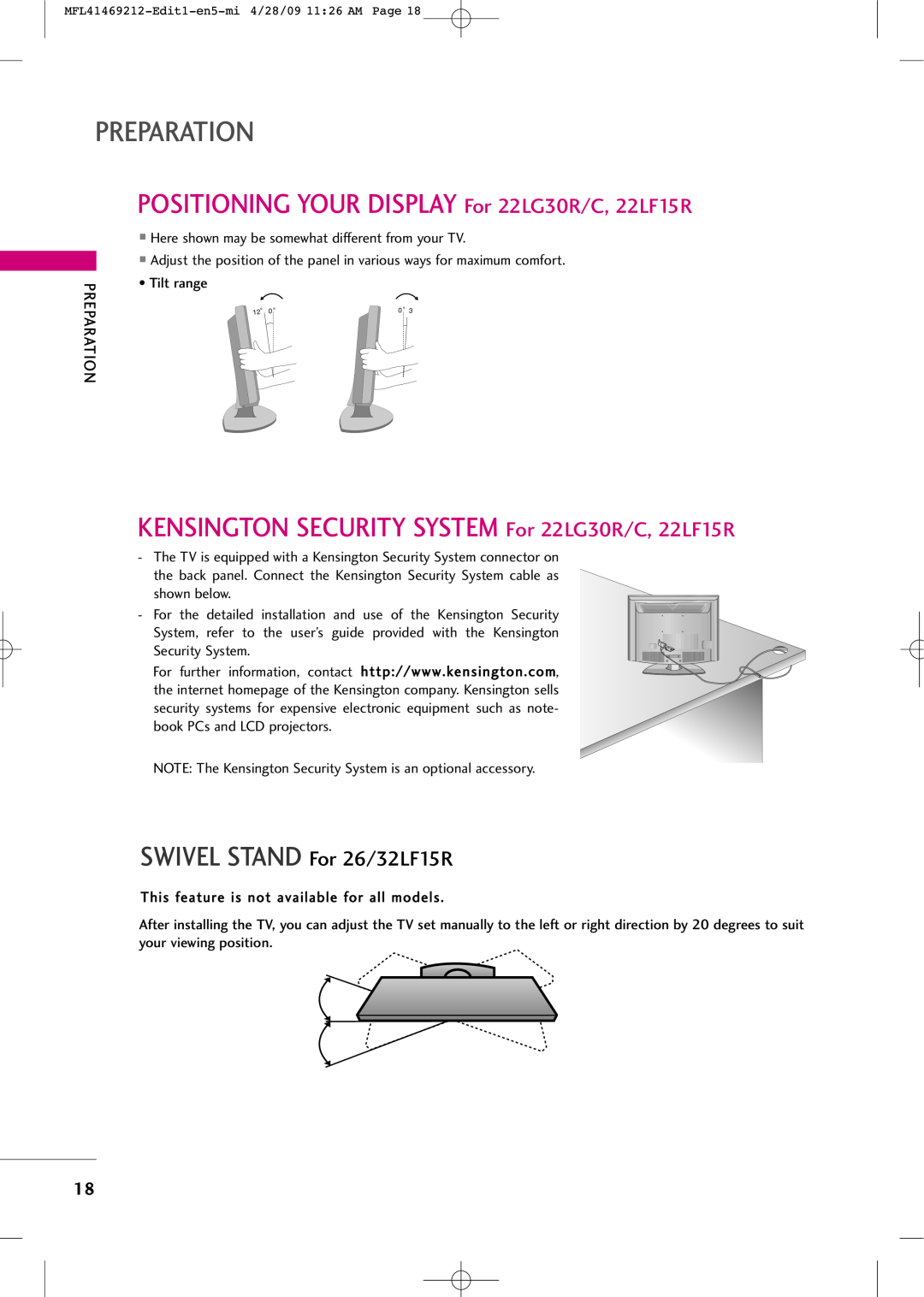 LG Electronics 2230R-MA POSITIONING YOUR DISPLAY For 22LG30R/C, 22LF15R, KENSINGTON SECURITY SYSTEM For 22LG30R/C, 22LF15R 