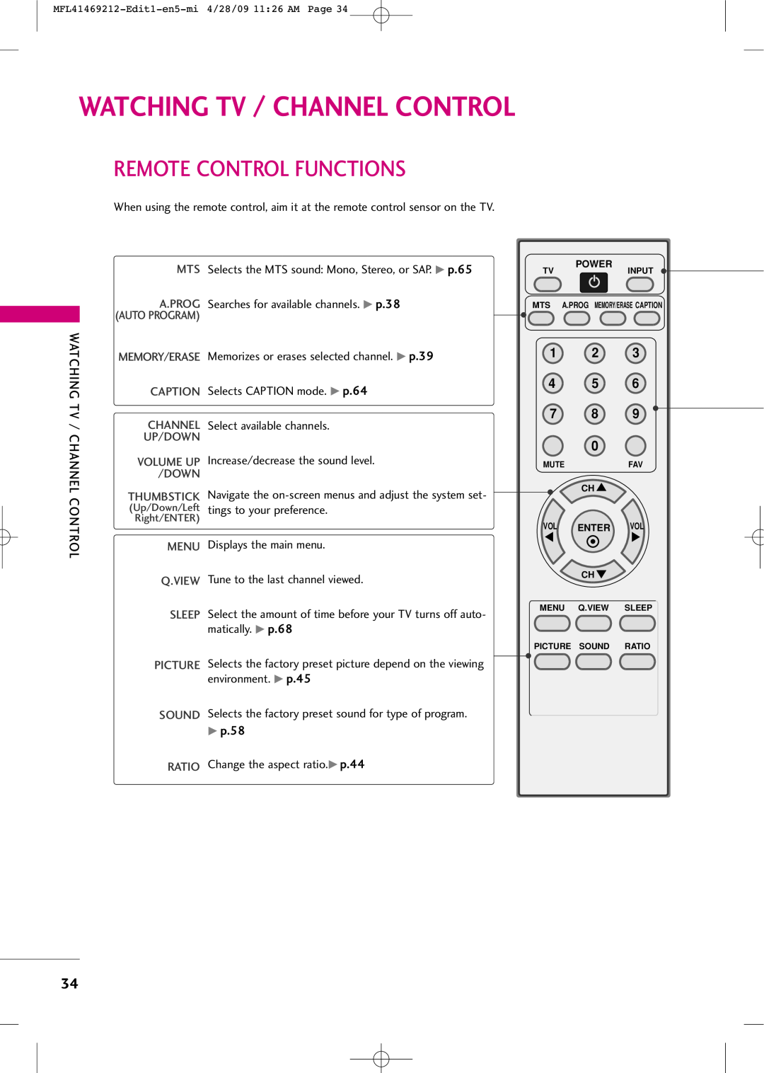LG Electronics 2230R-MA manual Watching Tv / Channel Control, Remote Control Functions, 1 2 4 5 7 8, Up/Down 