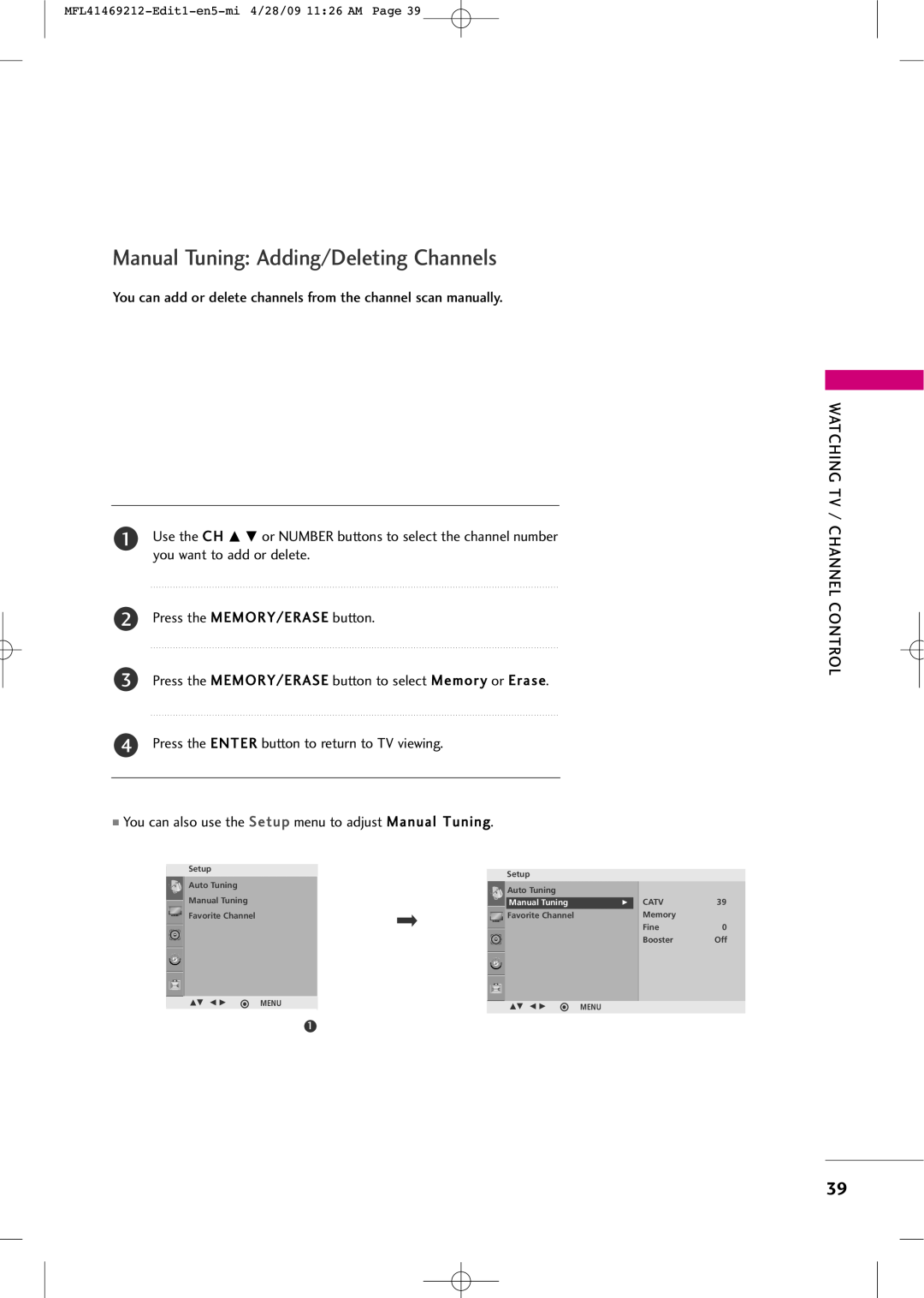 LG Electronics 2230R-MA manual Manual Tuning Adding/Deleting Channels 