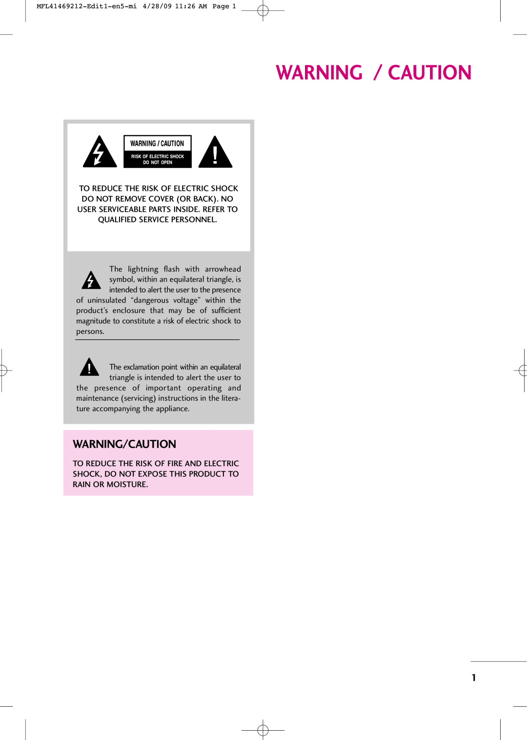LG Electronics 2230R-MA manual Warning/Caution, Warning / Caution 