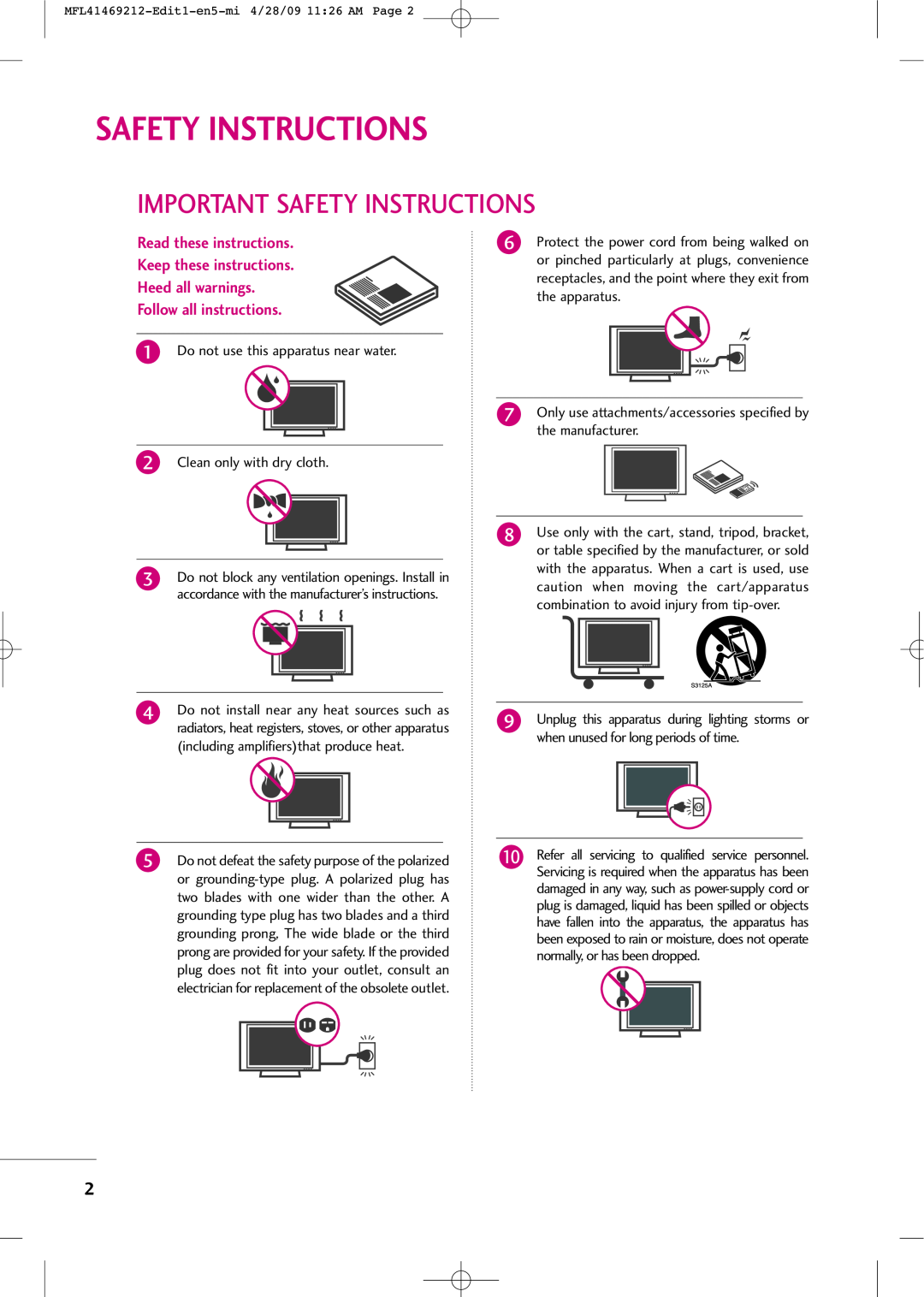 LG Electronics 2230R-MA manual Important Safety Instructions, Follow all instructions 