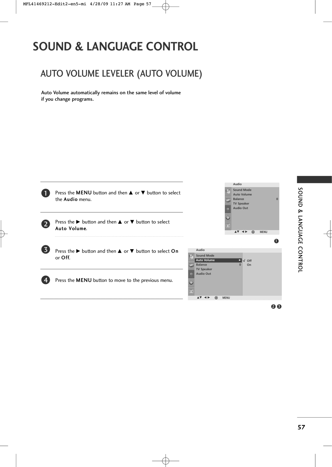LG Electronics 2230R-MA manual Sound & Language Control, Auto Volume Leveler Auto Volume 