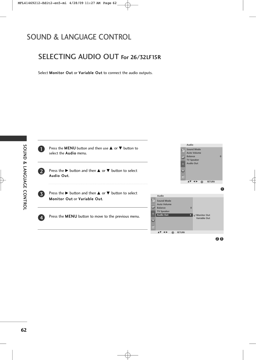 LG Electronics 2230R-MA manual SELECTING AUDIO OUT For 26/32LF15R, Sound & Language Control, Audio Out 
