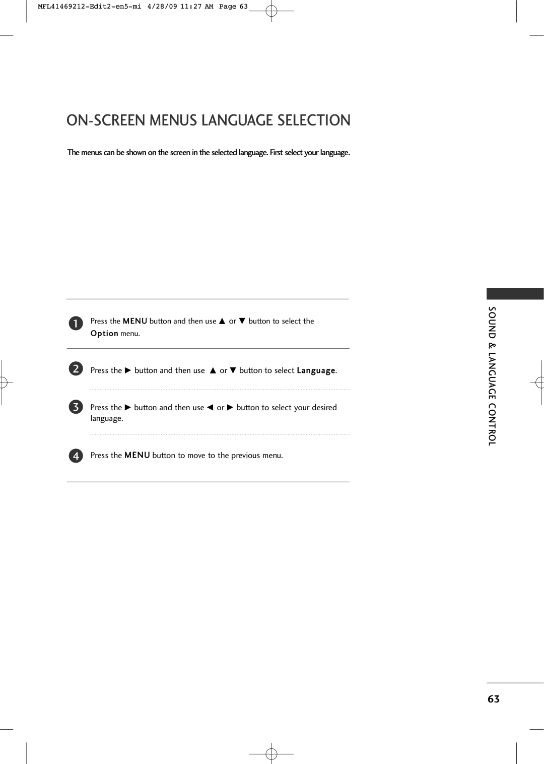 LG Electronics 2230R-MA manual On-Screen Menus Language Selection, Sound & Language Control 