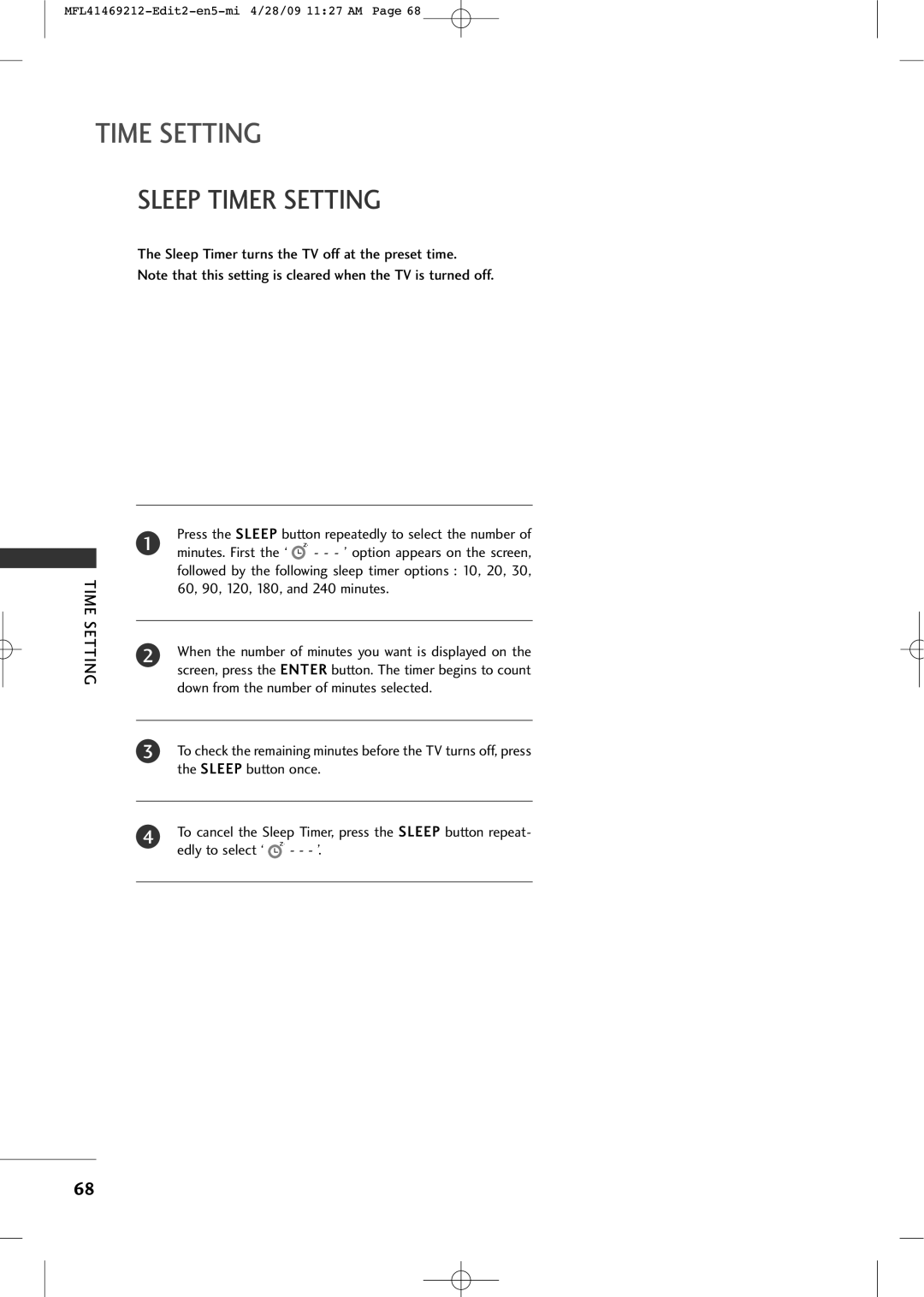 LG Electronics 2230R-MA manual Time Setting, Sleep Timer Setting 