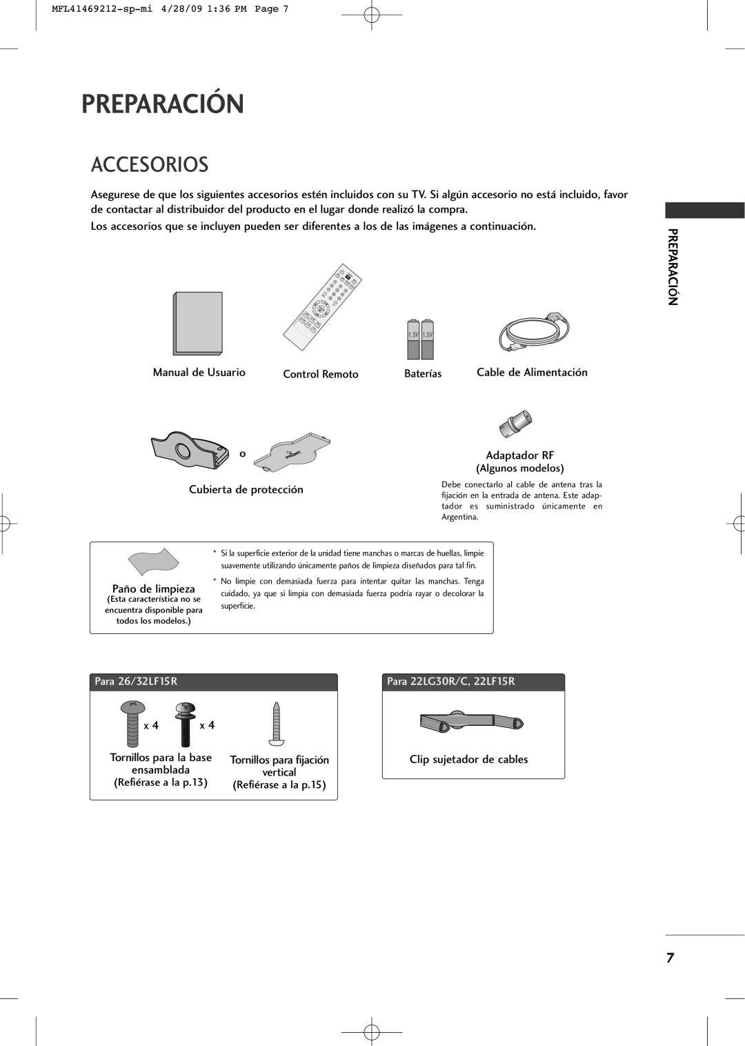 LG Electronics 2230R-MA manual Preparación, Accesorios, Para 26/32LF15R, Para 22LG30R/C, 22LF15R 