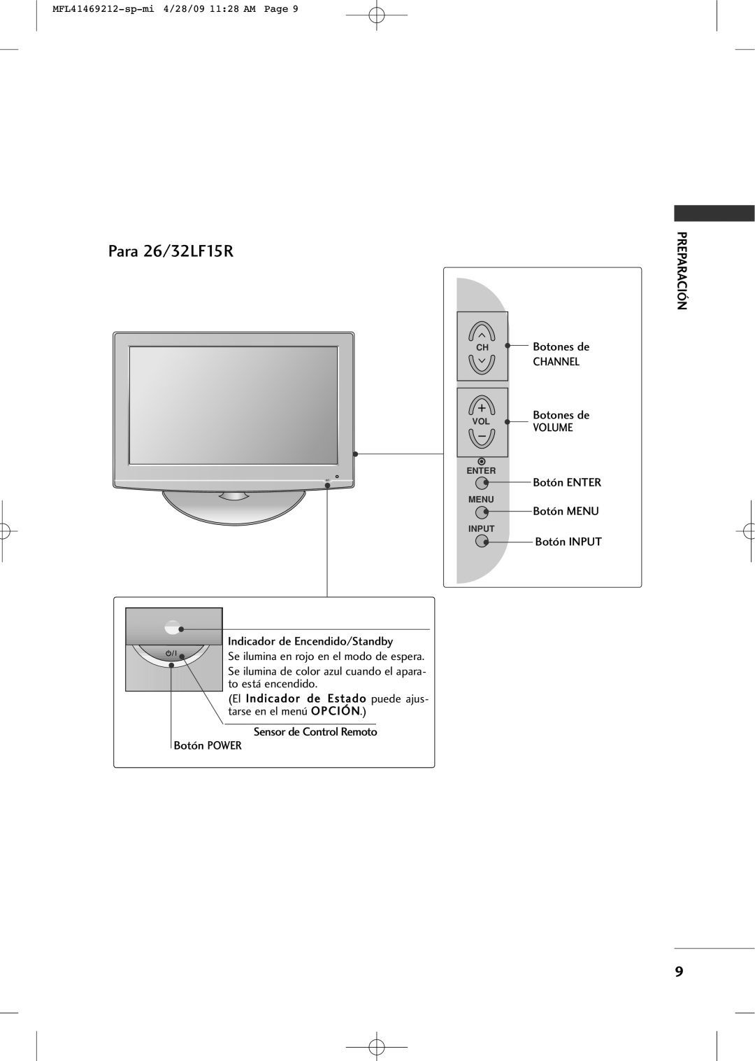 LG Electronics 2230R-MA manual Para 26/32LF15R, Botón ENTER, Botón INPUT 