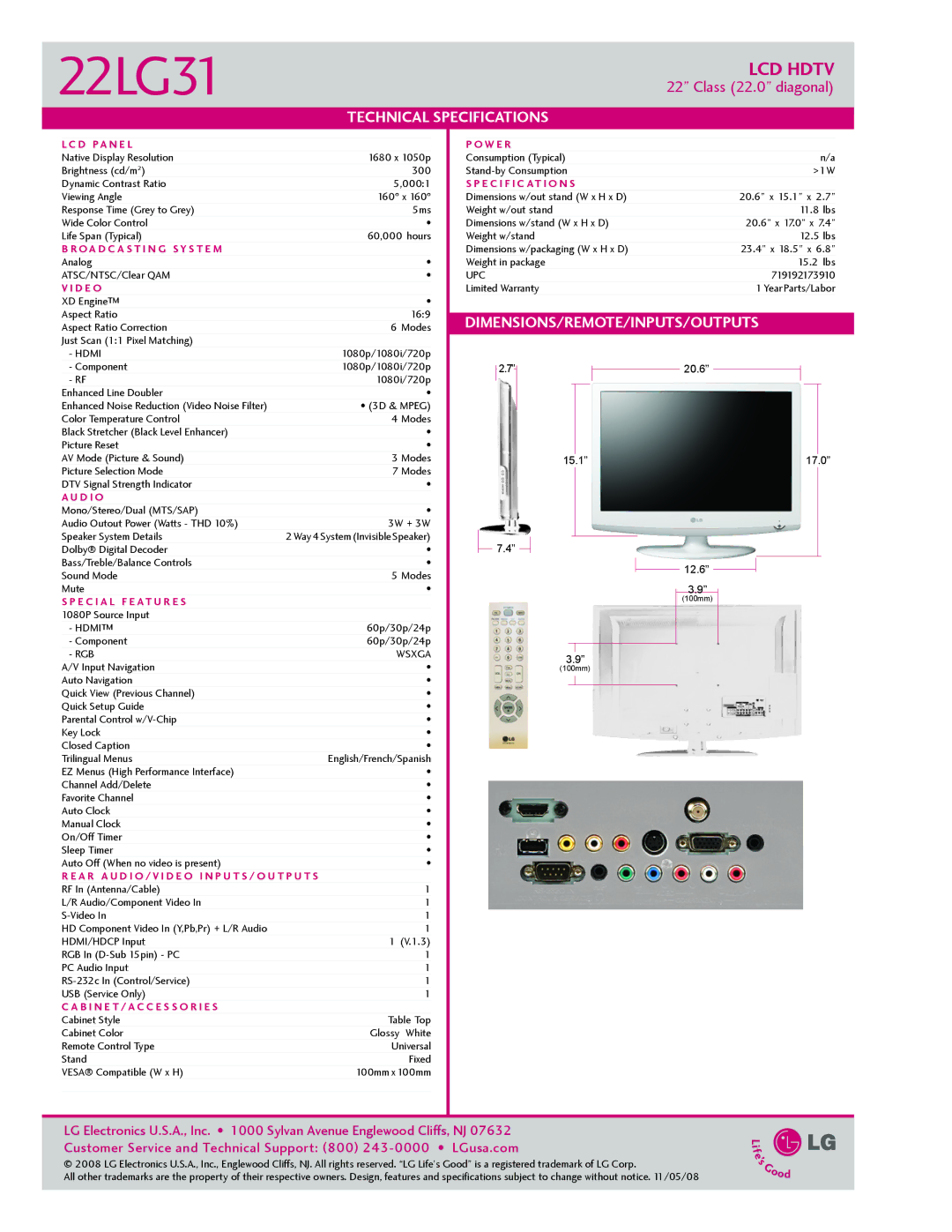 LG Electronics 2231 manual Technical Specifications, Dimensions/Remote/Inputs/Outputs 