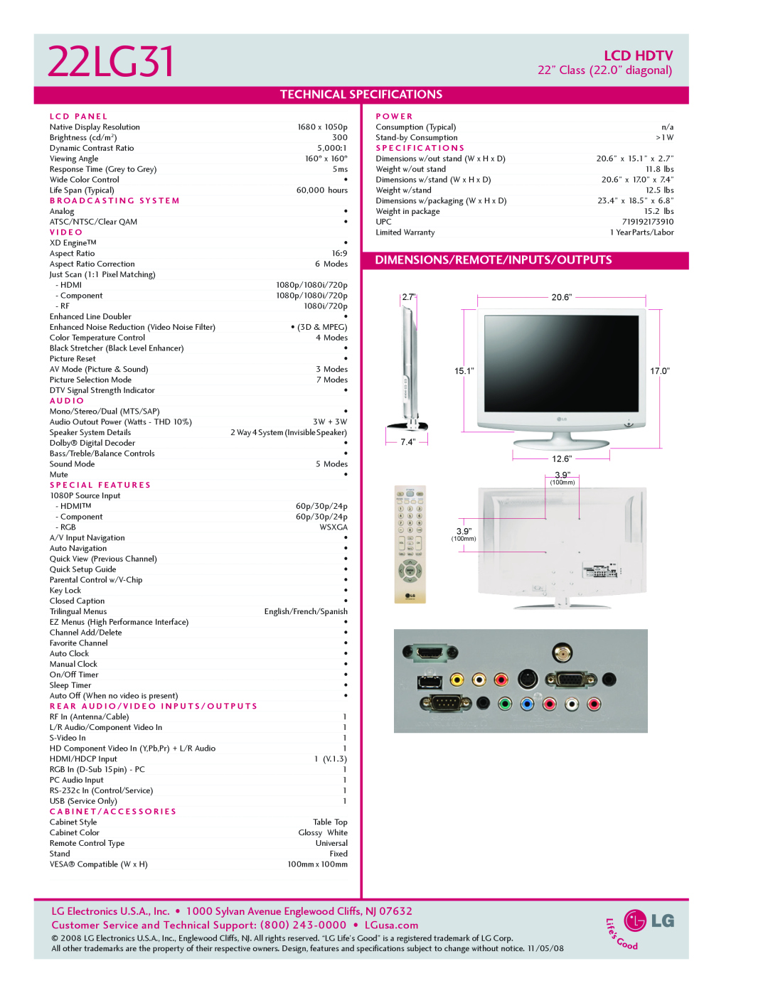 LG Electronics 2231 manual 22LG31, Lcd Hdtv, 22” Class 22.0” diagonal, Technical, Specifications, L C D Pa N E L, P O W E R 