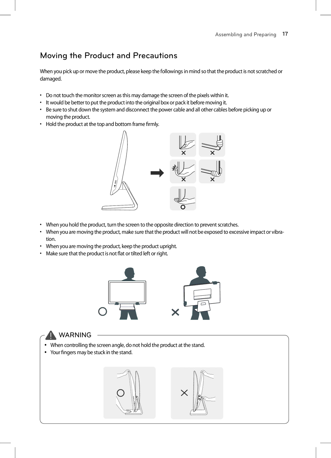 LG Electronics 22CV241 manual Moving the Product and Precautions, Your fingers may be stuck in the stand 