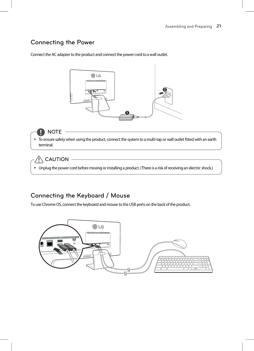 LG Electronics 22CV241 manual Connecting the Power, Connecting the Keyboard / Mouse 