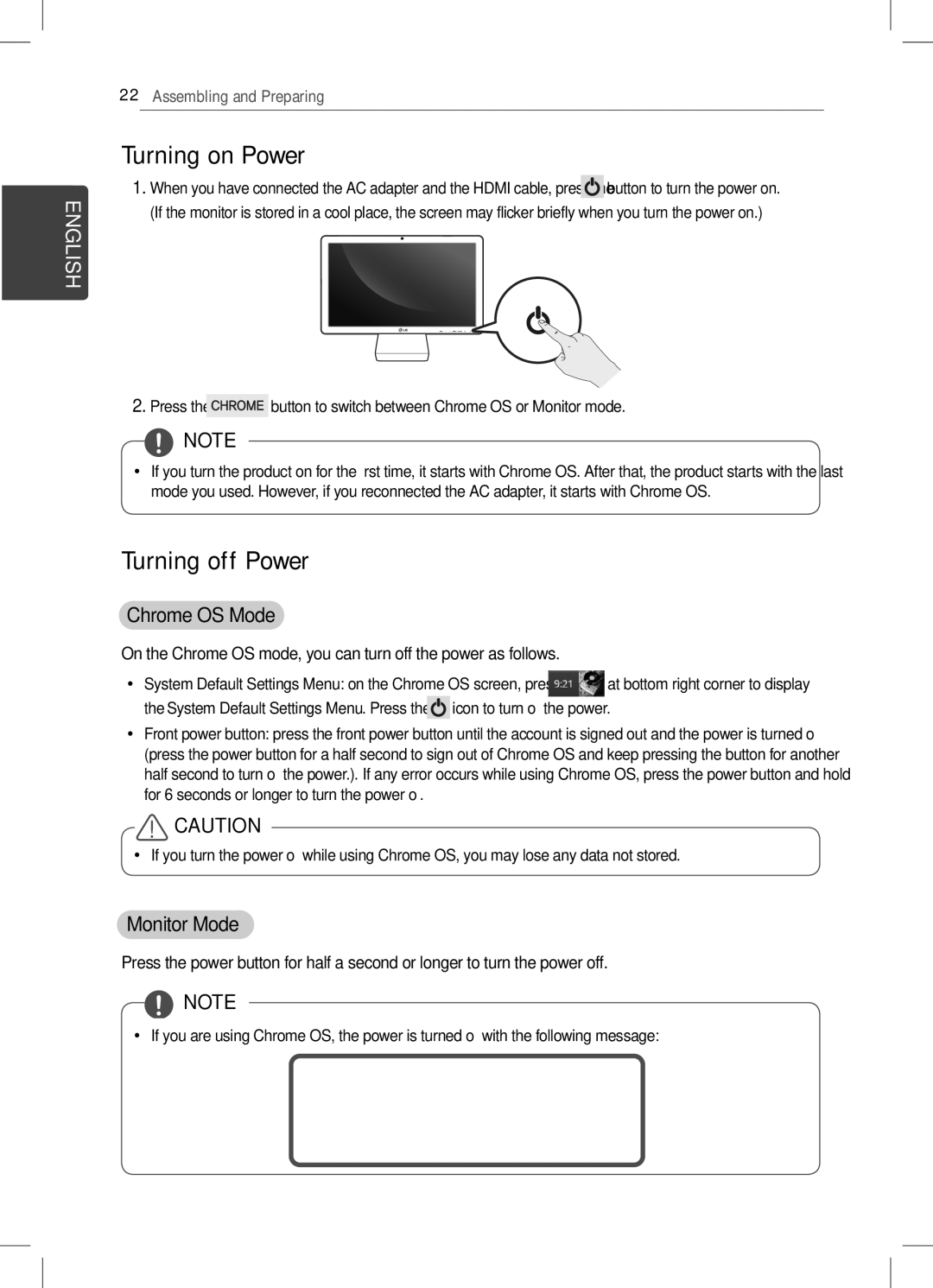 LG Electronics 22CV241 manual Turning on Power, Turning off Power, Chrome OS Mode, Monitor Mode 