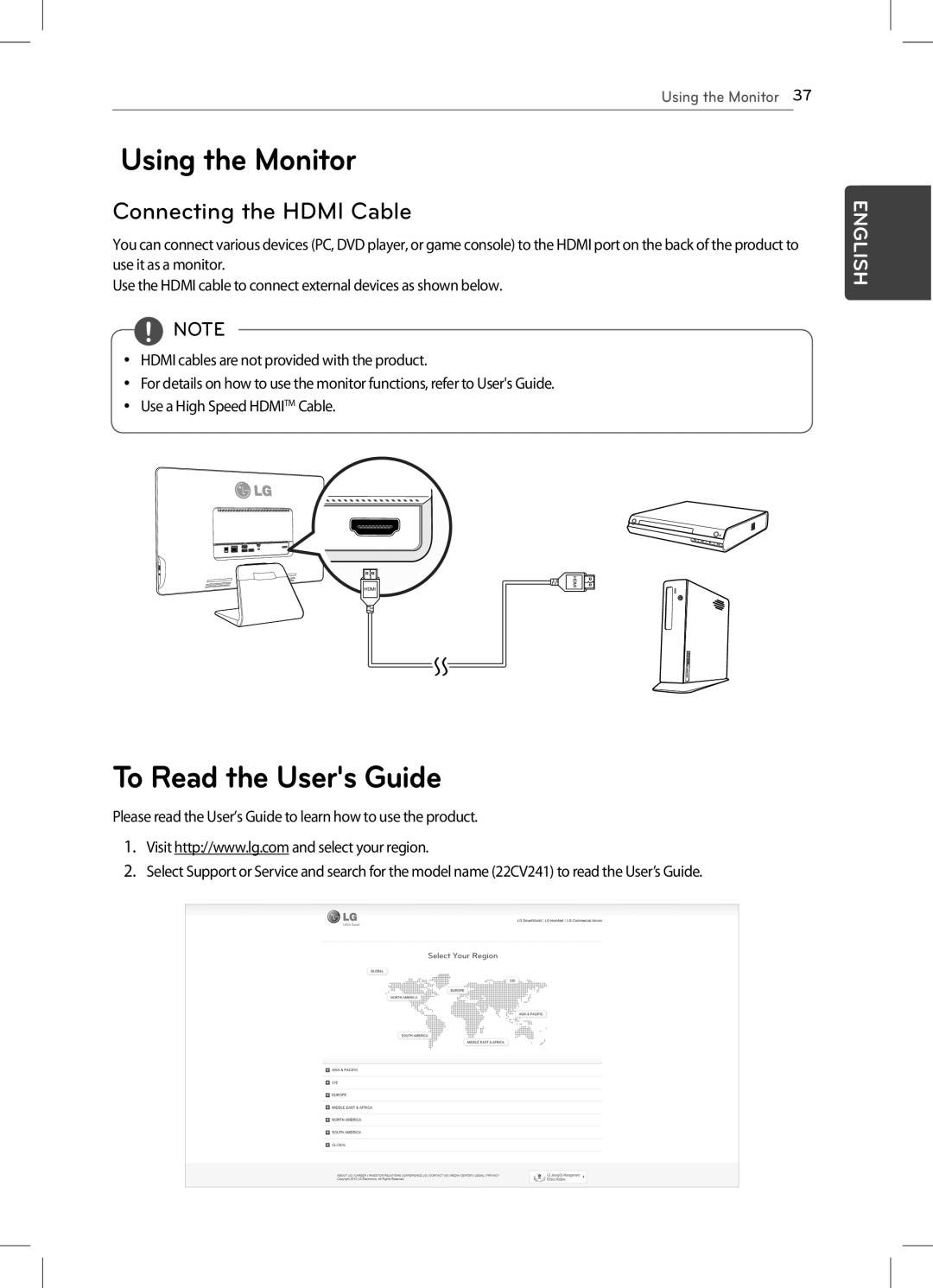 LG Electronics 22CV241 manual Using the Monitor, To Read the Users Guide, Connecting the Hdmi Cable 