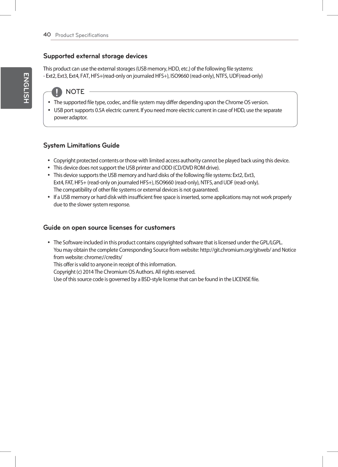 LG Electronics 22CV241 manual Supported external storage devices, System Limitations Guide, From website chrome//credits 