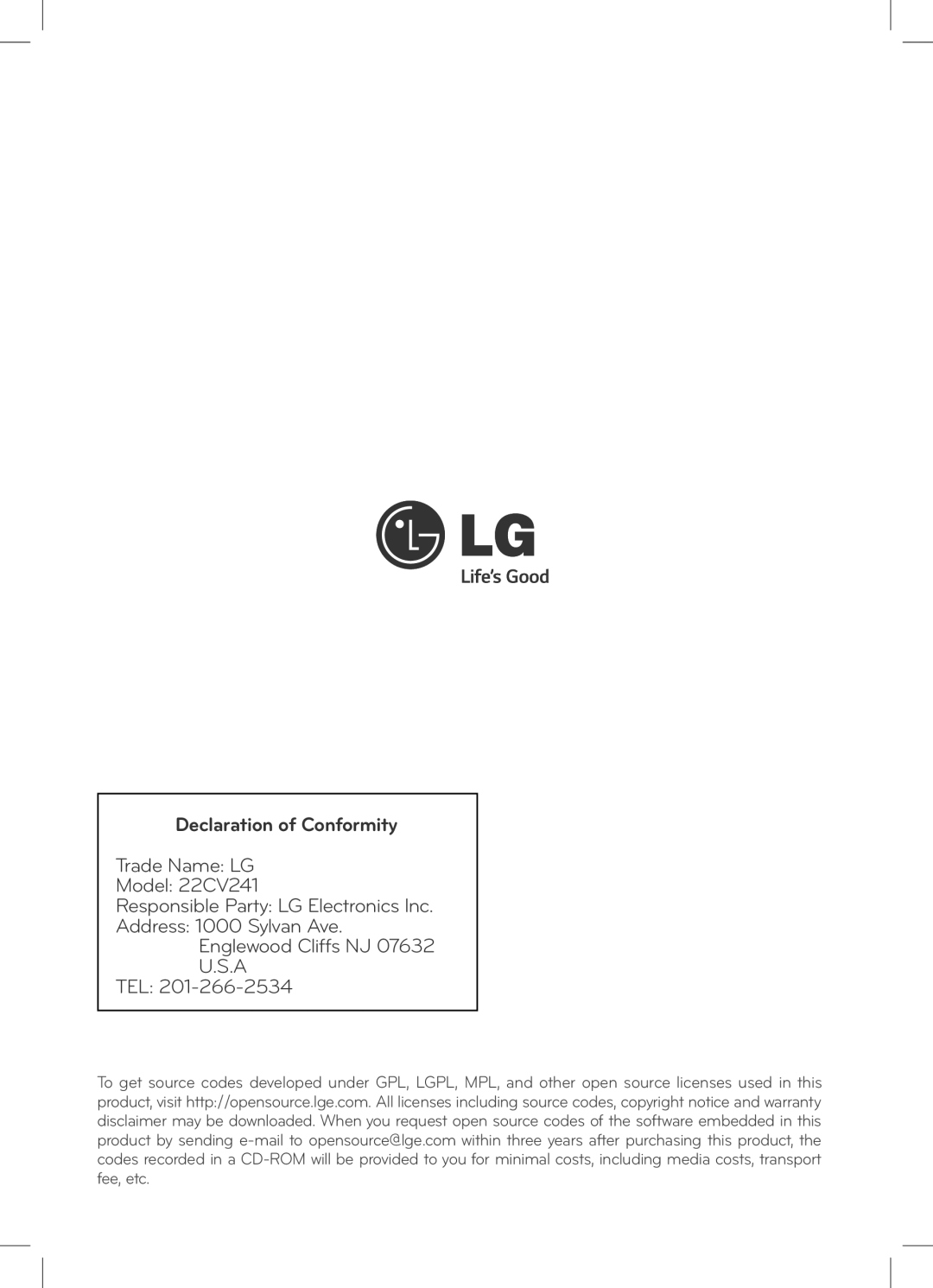 LG Electronics 22CV241 manual Declaration of Conformity 