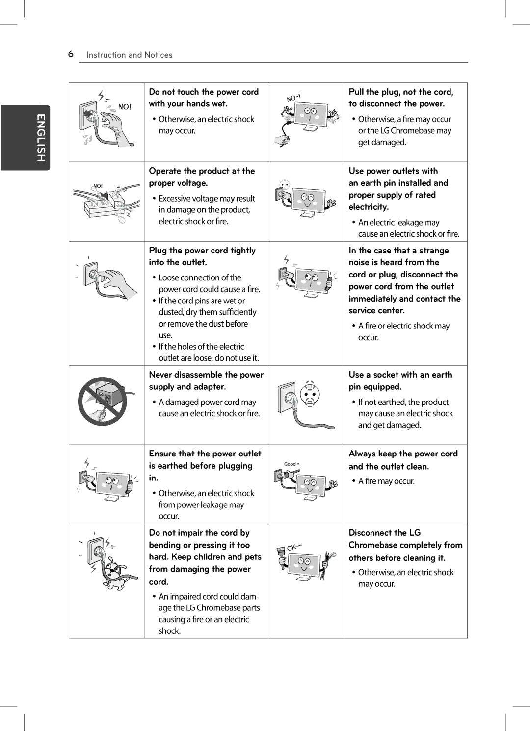 LG Electronics 22CV241 With your hands wet To disconnect the power, May occur, Get damaged, Use power outlets with, Shock 