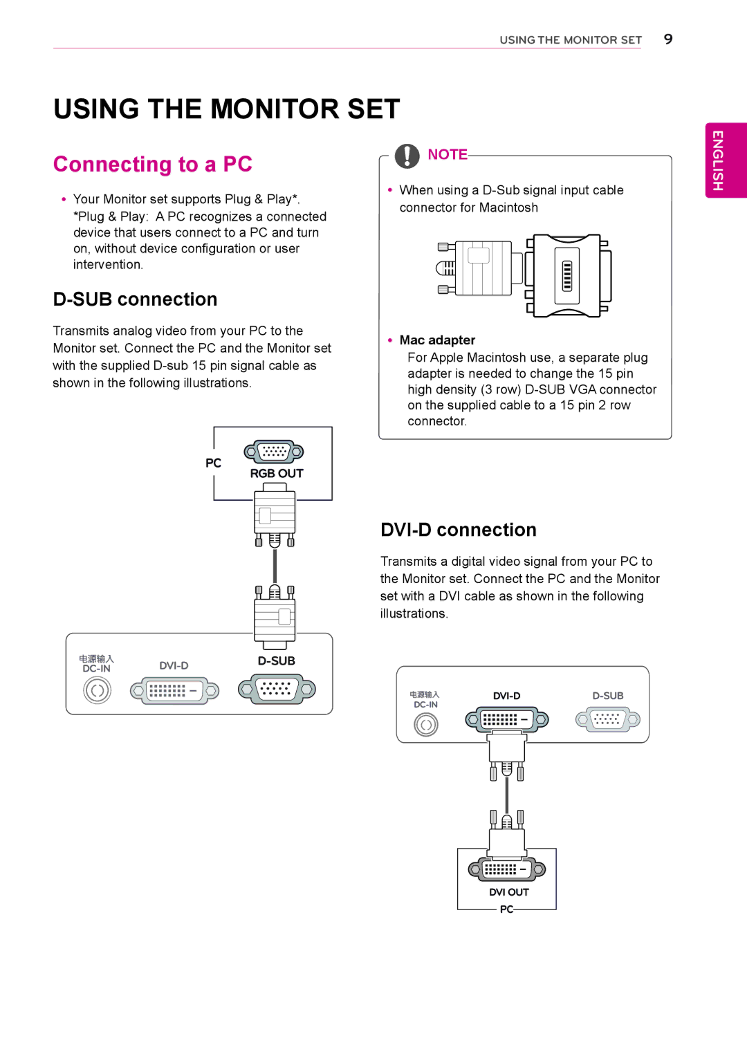 LG Electronics 22EC33T Using the Monitor SET, Connecting to a PC, SUB connection, DVI-D connection, YyMac adapter 