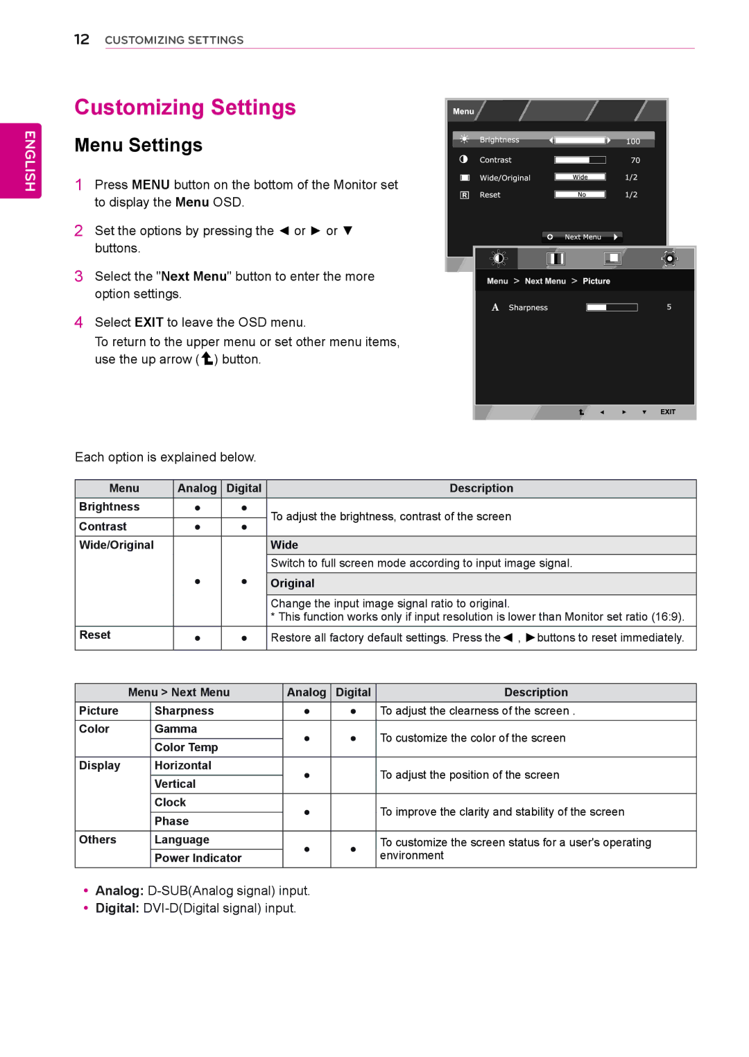 LG Electronics 22EC33T owner manual Customizing Settings, Menu Settings 