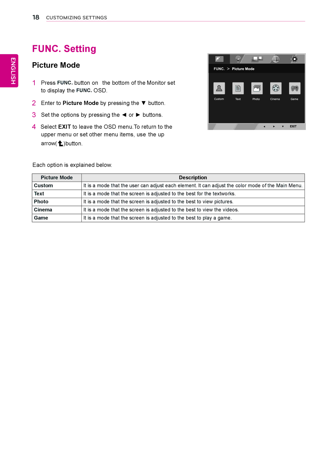 LG Electronics 22EC33T owner manual FUNC. Setting, Picture Mode 