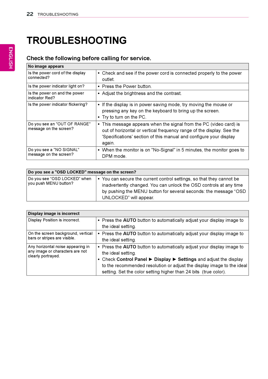 LG Electronics 22EC33T owner manual Troubleshooting, Check the following before calling for service 