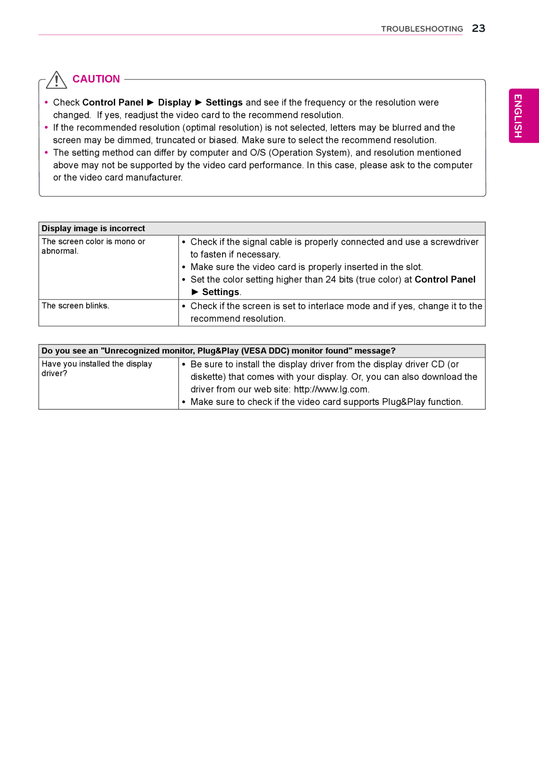 LG Electronics 22EC33T owner manual Settings, Recommend resolution 