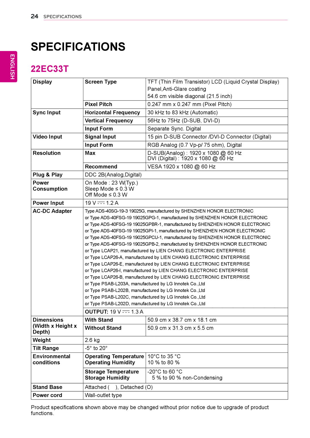 LG Electronics 22EC33T owner manual ‌Specifications 