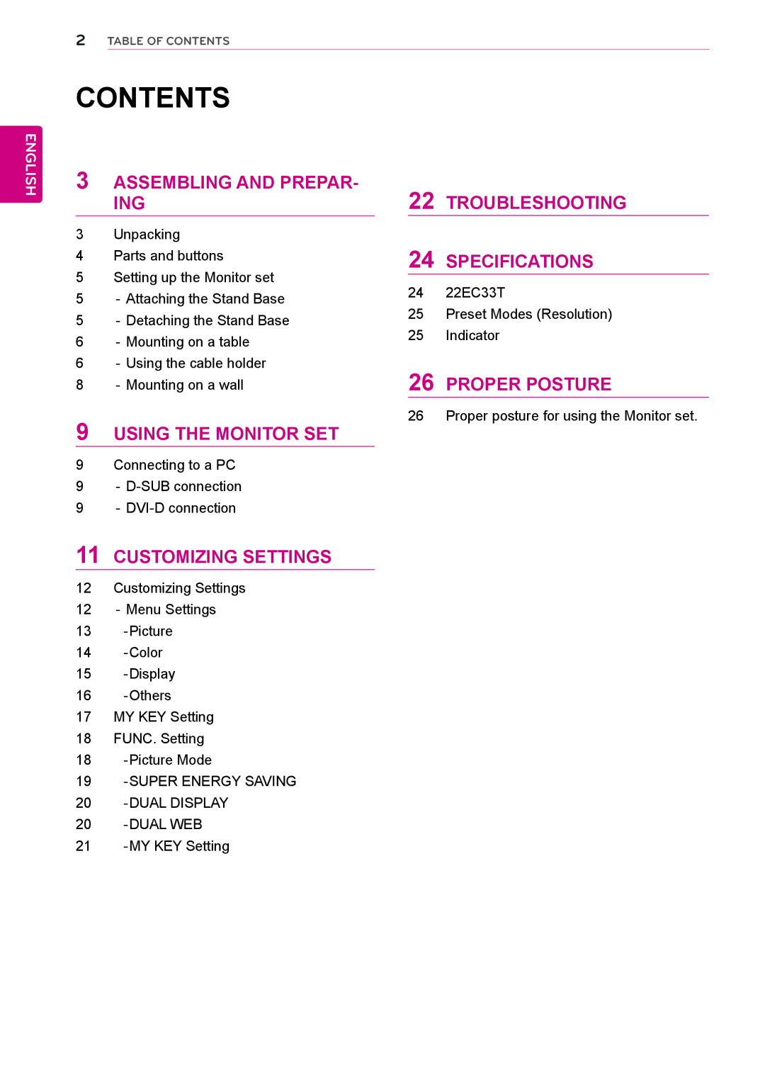 LG Electronics 22EC33T owner manual Contents 