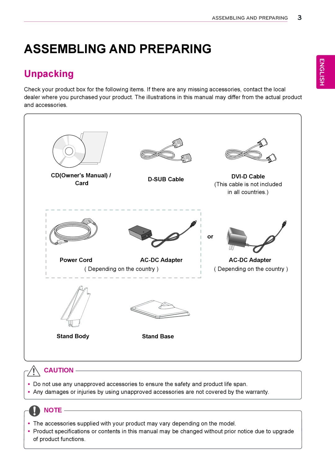 LG Electronics 22EC33T owner manual Assembling and Preparing, Unpacking 