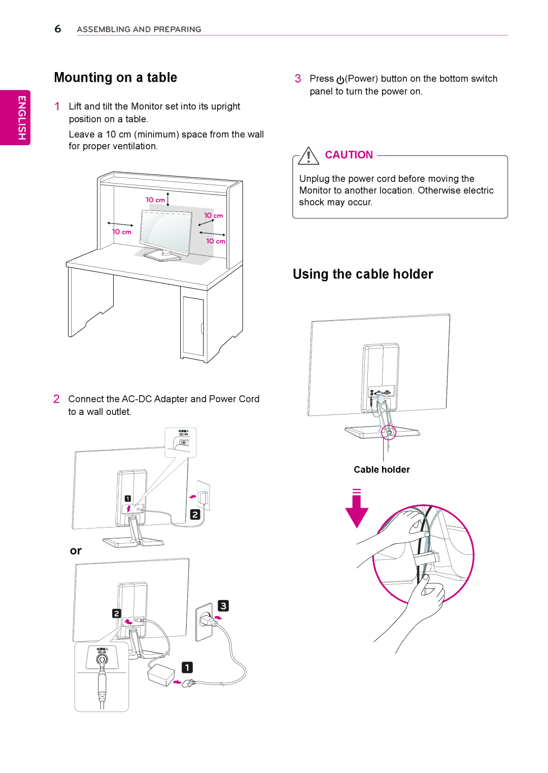 LG Electronics 22EC33T owner manual Mounting on a table, Using the cable holder, Cable holder 