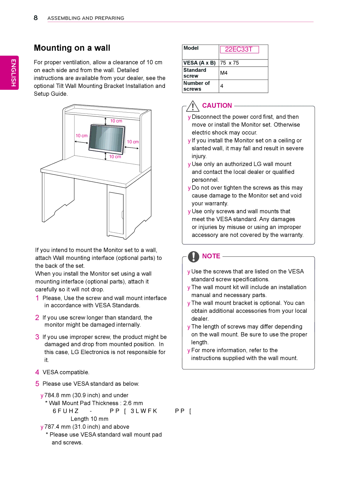 LG Electronics 22EC33T owner manual Mounting on a wall 