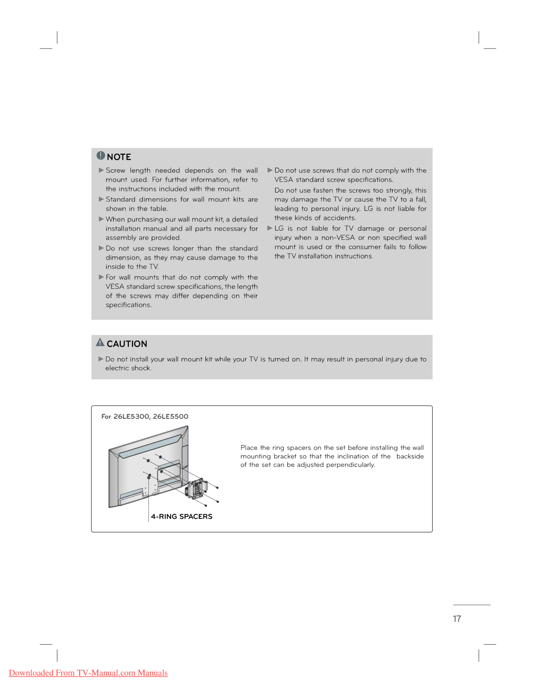 LG Electronics 22L5500 owner manual Ring Spacers 