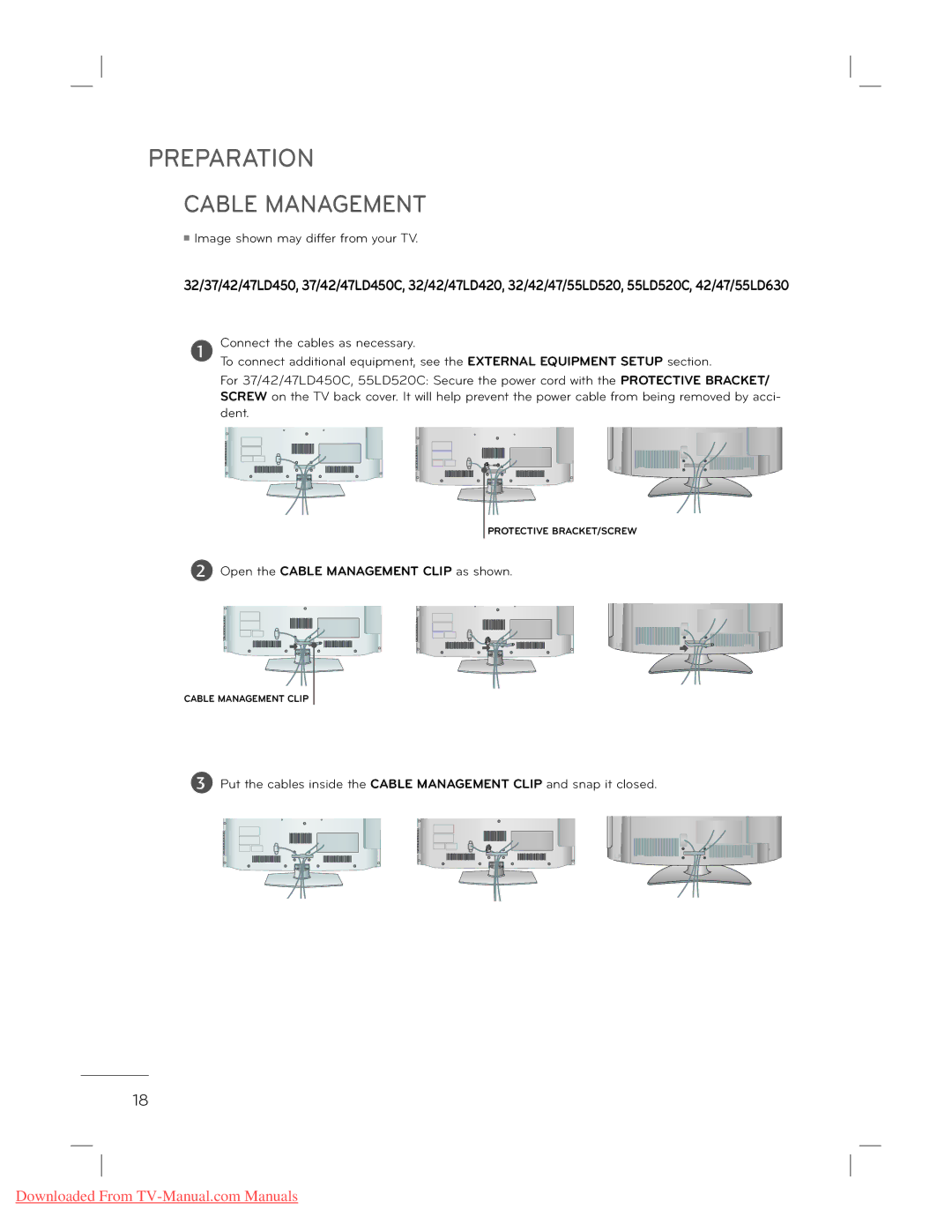 LG Electronics 22L5500 owner manual Open the Cable Management Clip as shown 