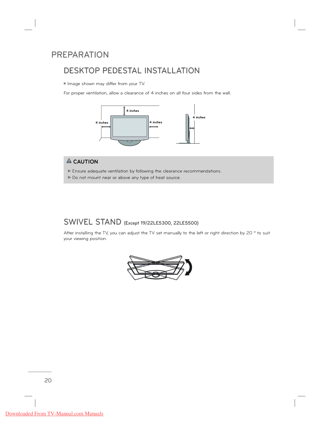 LG Electronics 22L5500 owner manual Desktop Pedestal Installation, Swivel Stand Except 19/22LE5300, 22LE5500 