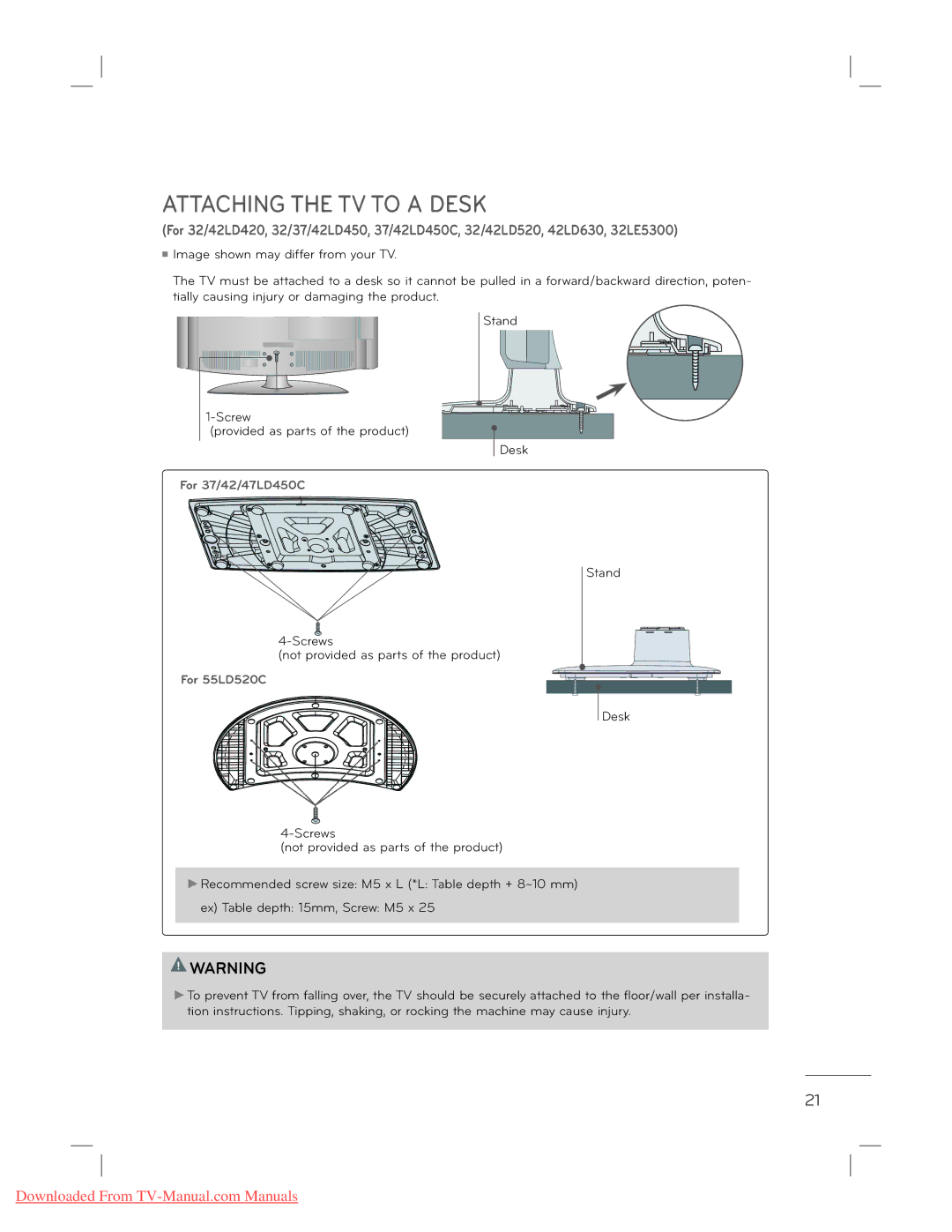 LG Electronics 22L5500 owner manual Attaching the TV to a Desk 