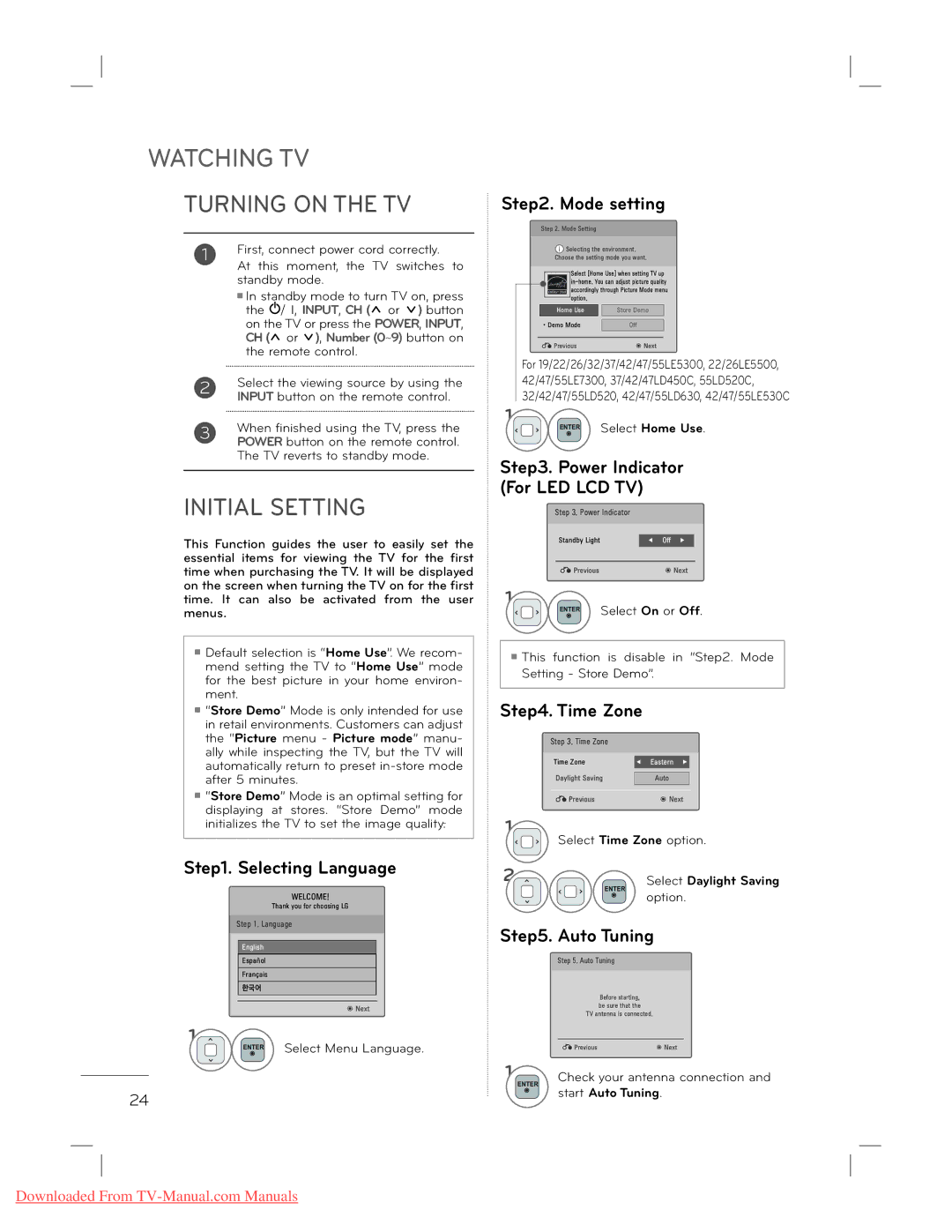 LG Electronics 22L5500 owner manual Turning on the TV, Initial Setting, Select Menu Language, Start Auto Tuning 