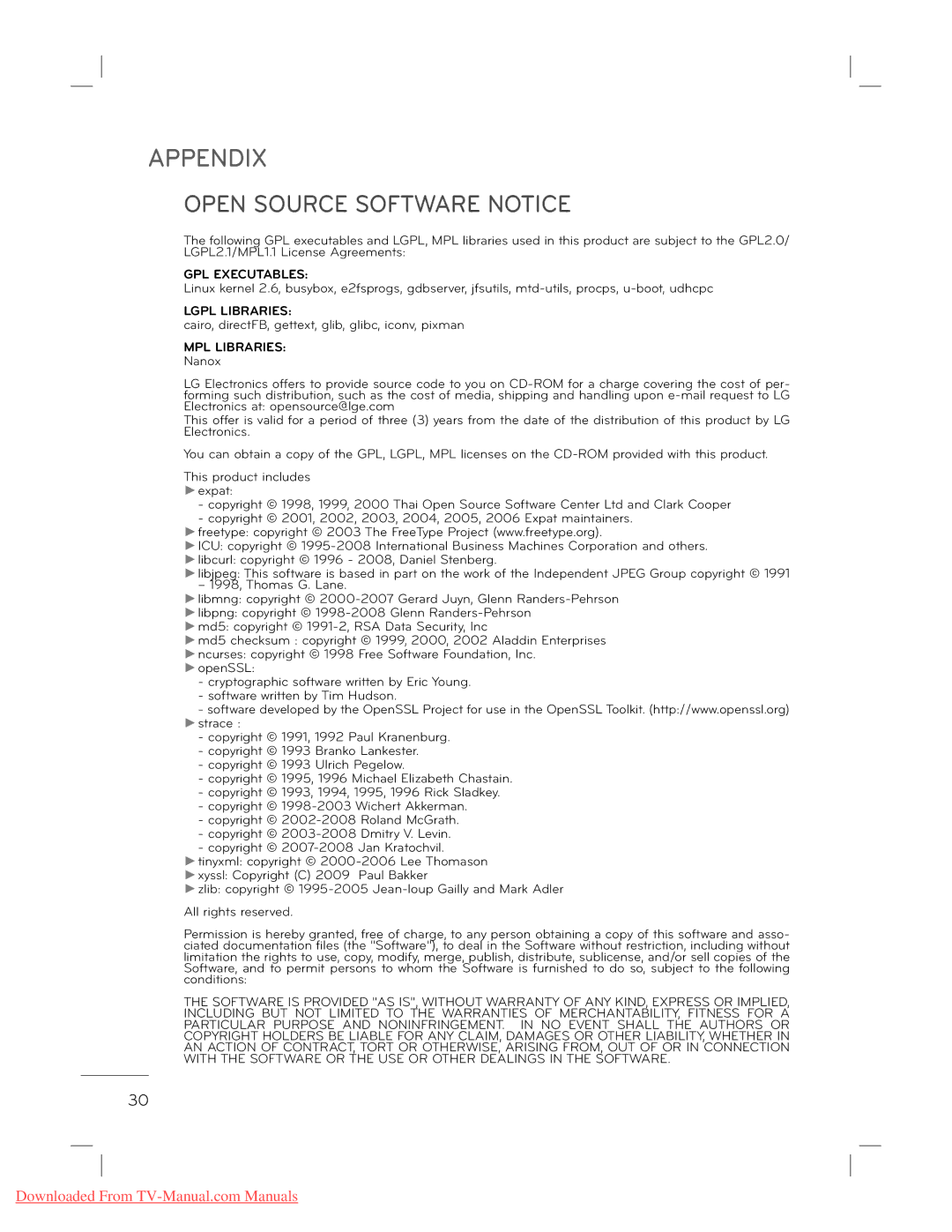 LG Electronics 22L5500 owner manual Open Source Software Notice, GPL Executables 