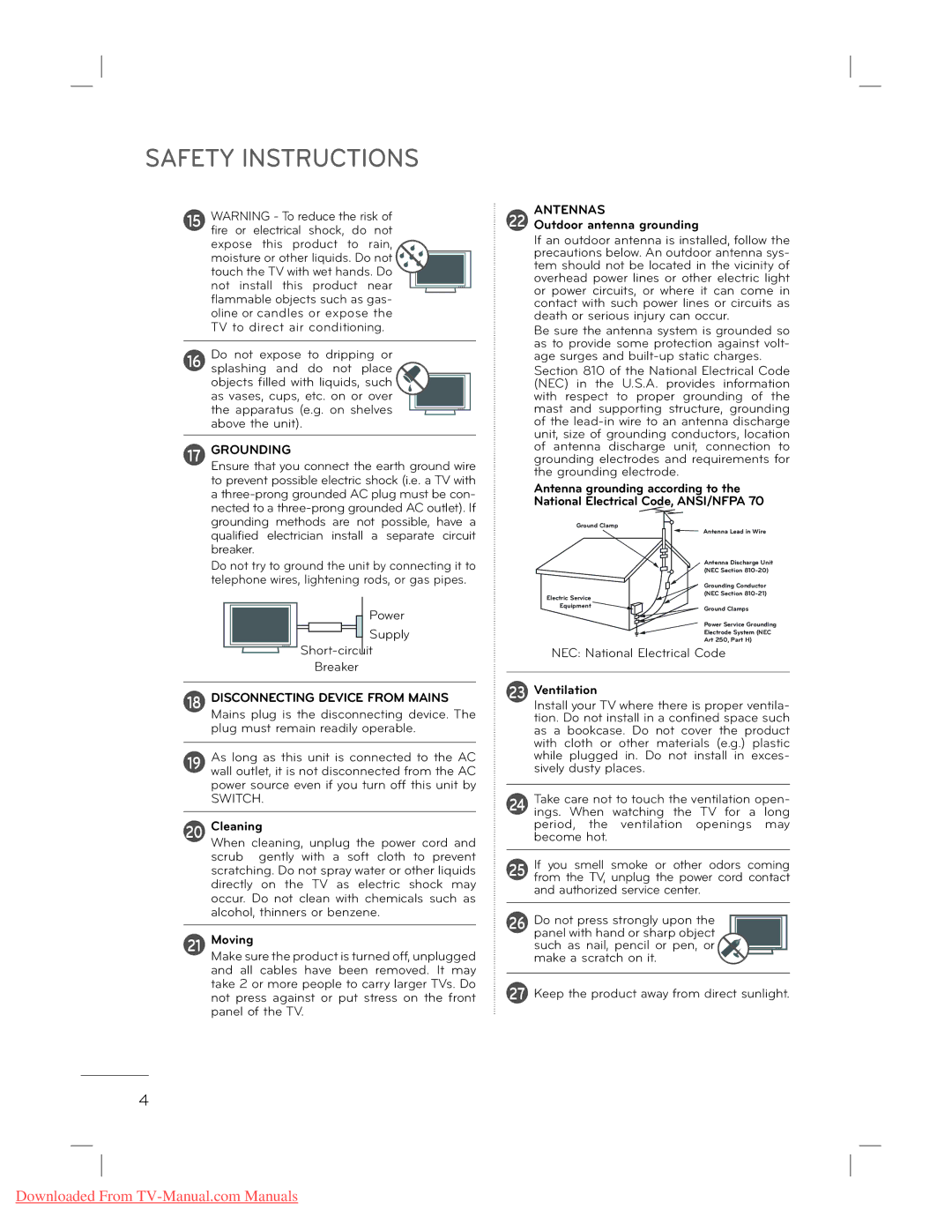 LG Electronics 22L5500 owner manual Cleaning, Moving, Outdoor antenna grounding, Ventilation 