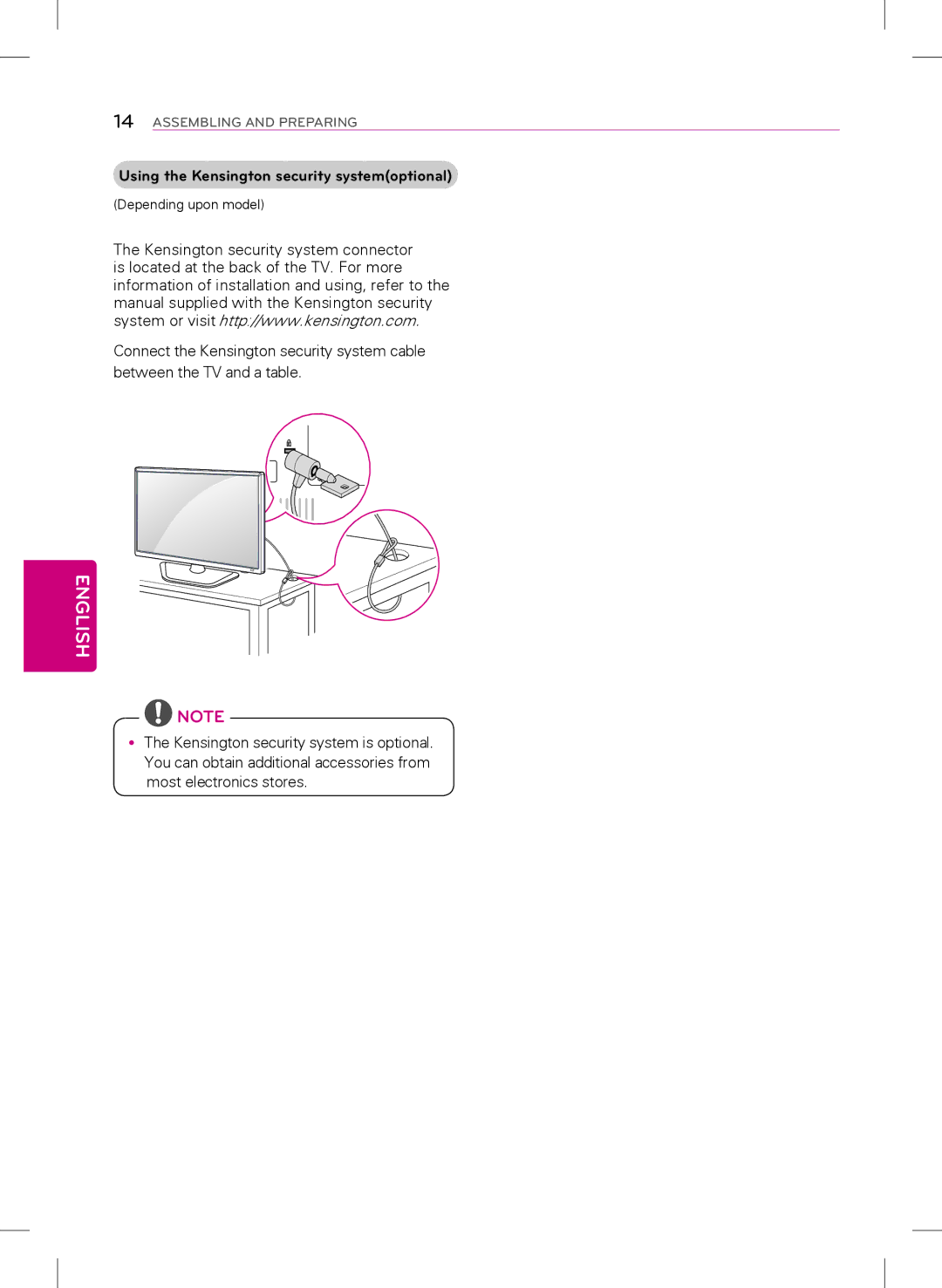 LG Electronics 29LB4510, 22LB4510, 24LB4510 owner manual Using the Kensington security systemoptional 