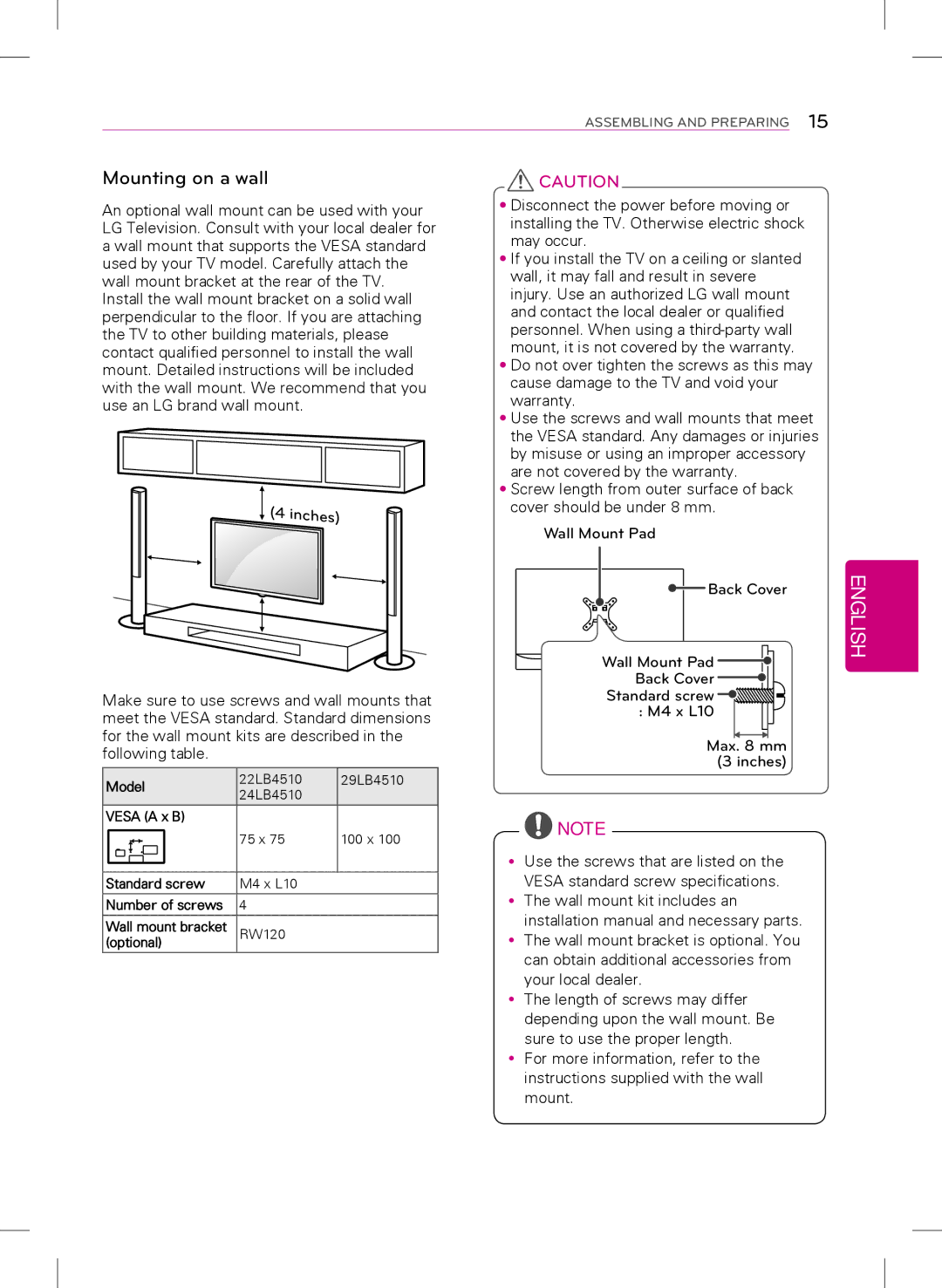 LG Electronics 22LB4510, 24LB4510, 29LB4510 owner manual Mounting on a wall, Cm 10 cm 