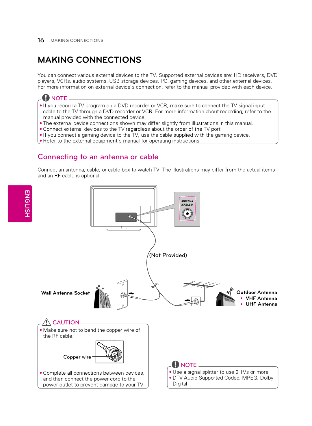 LG Electronics 24LB4510, 22LB4510 Making Connections, Connecting to an antenna or cable, Not Provided, Wall Antenna Socket 