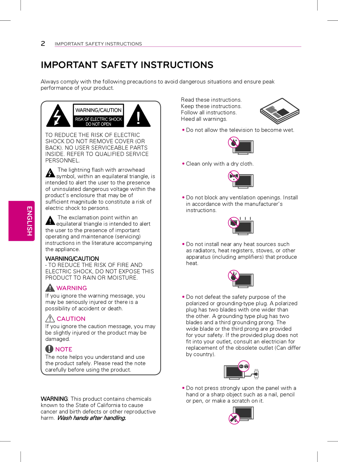 LG Electronics 29LB4510, 22LB4510, 24LB4510 owner manual Important Safety Instructions, English 