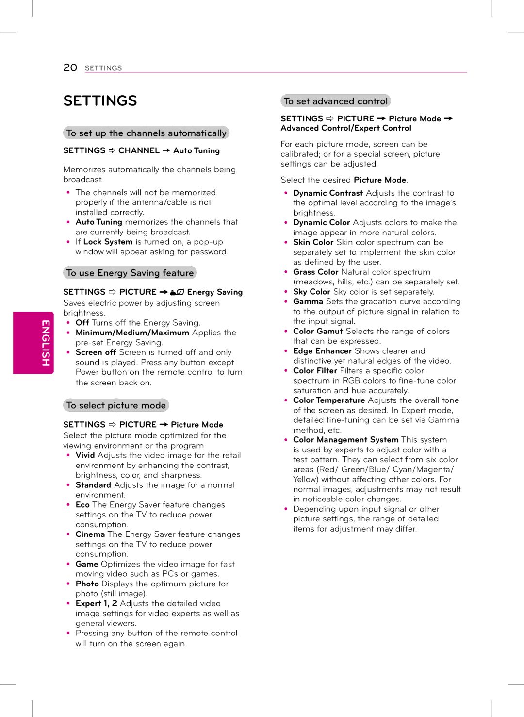 LG Electronics 29LB4510, 22LB4510, 24LB4510 Settings, To set up the channels automatically, To use Energy Saving feature 