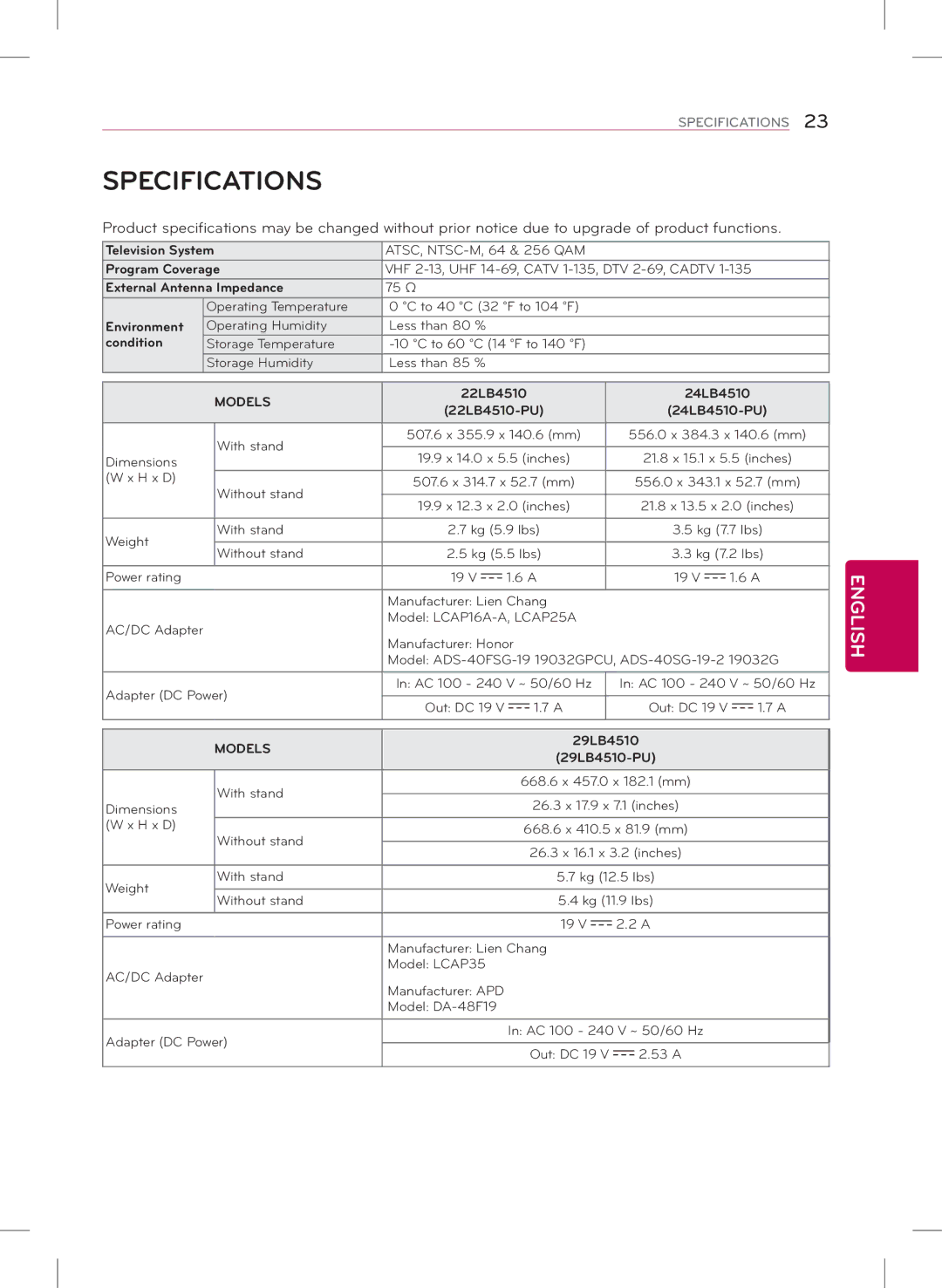 LG Electronics 29LB4510, 22LB4510, 24LB4510 owner manual Specifications, Models 